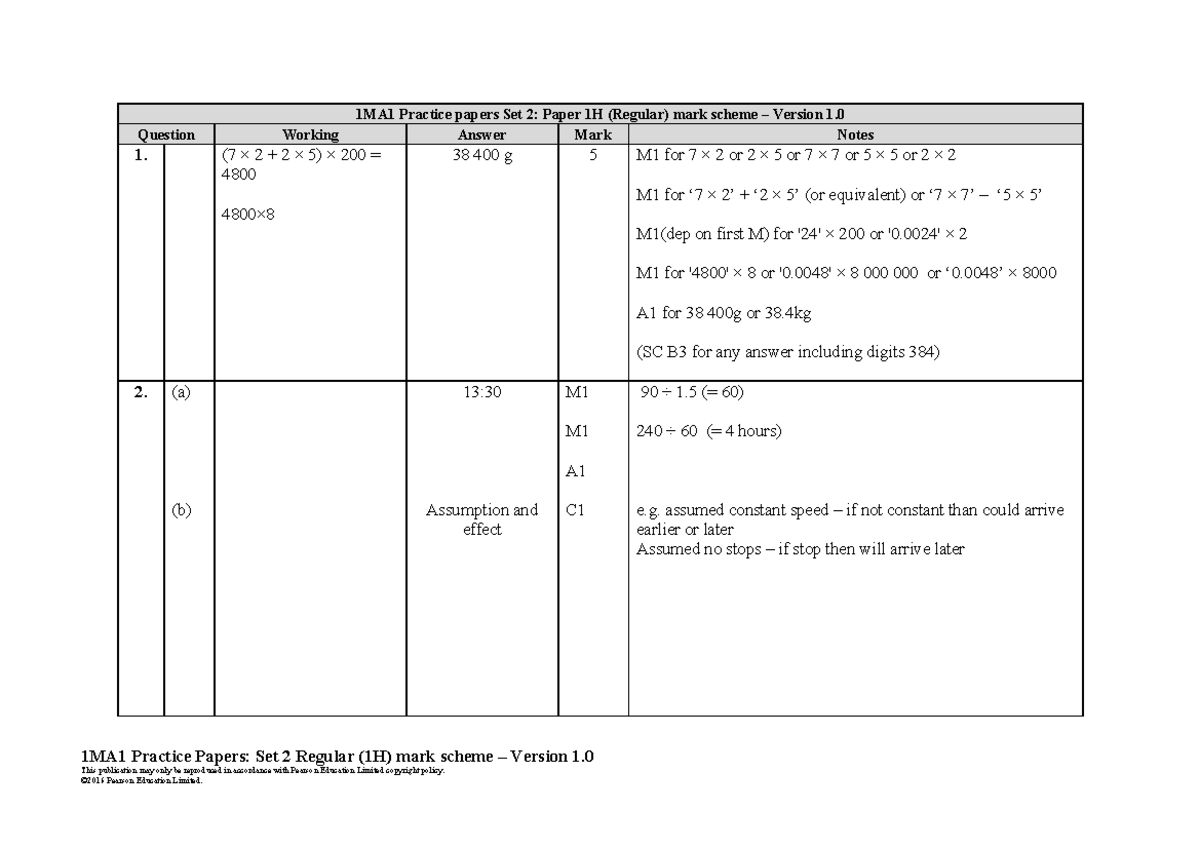 1MA1 Practice Paper Set 2 (1H) Mark Scheme - Version 1.0 - Studocu