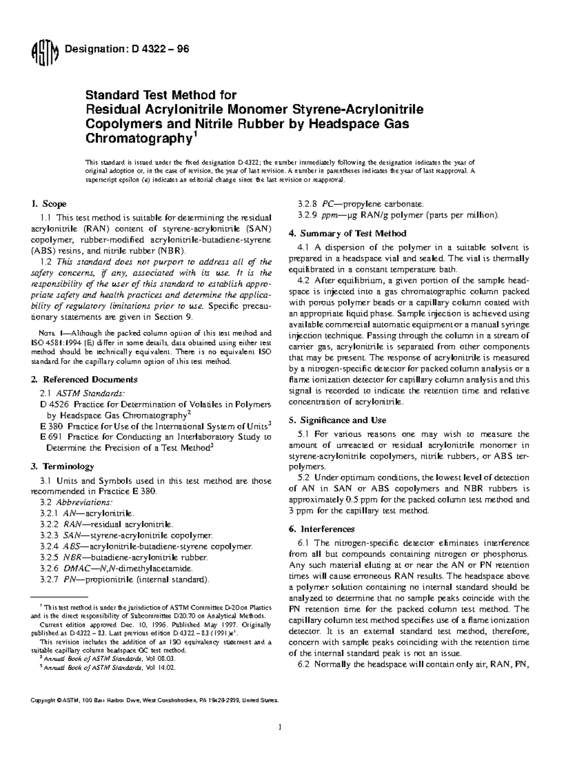 ASTM D4322 Standard Test Method for Residual Acrylonitrile in Polymers ...