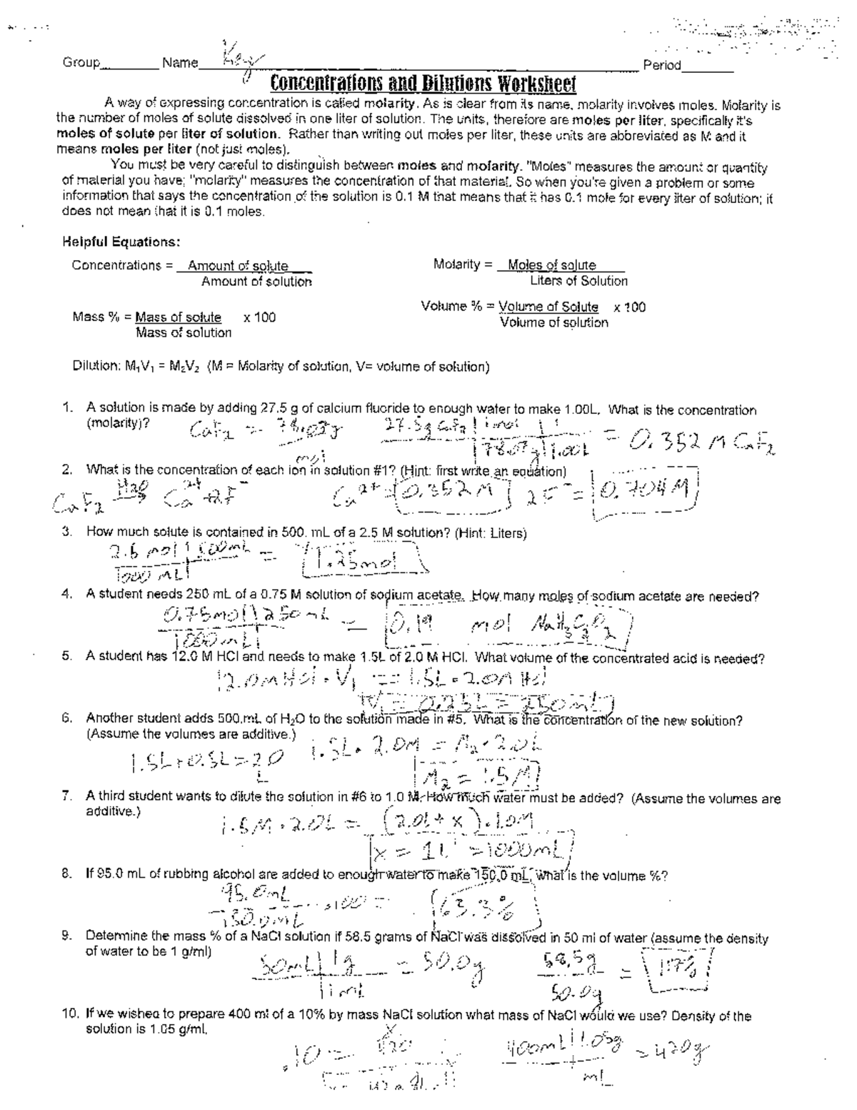 Dilutions and molarity key - Group Name Key Period Concentrations and ...