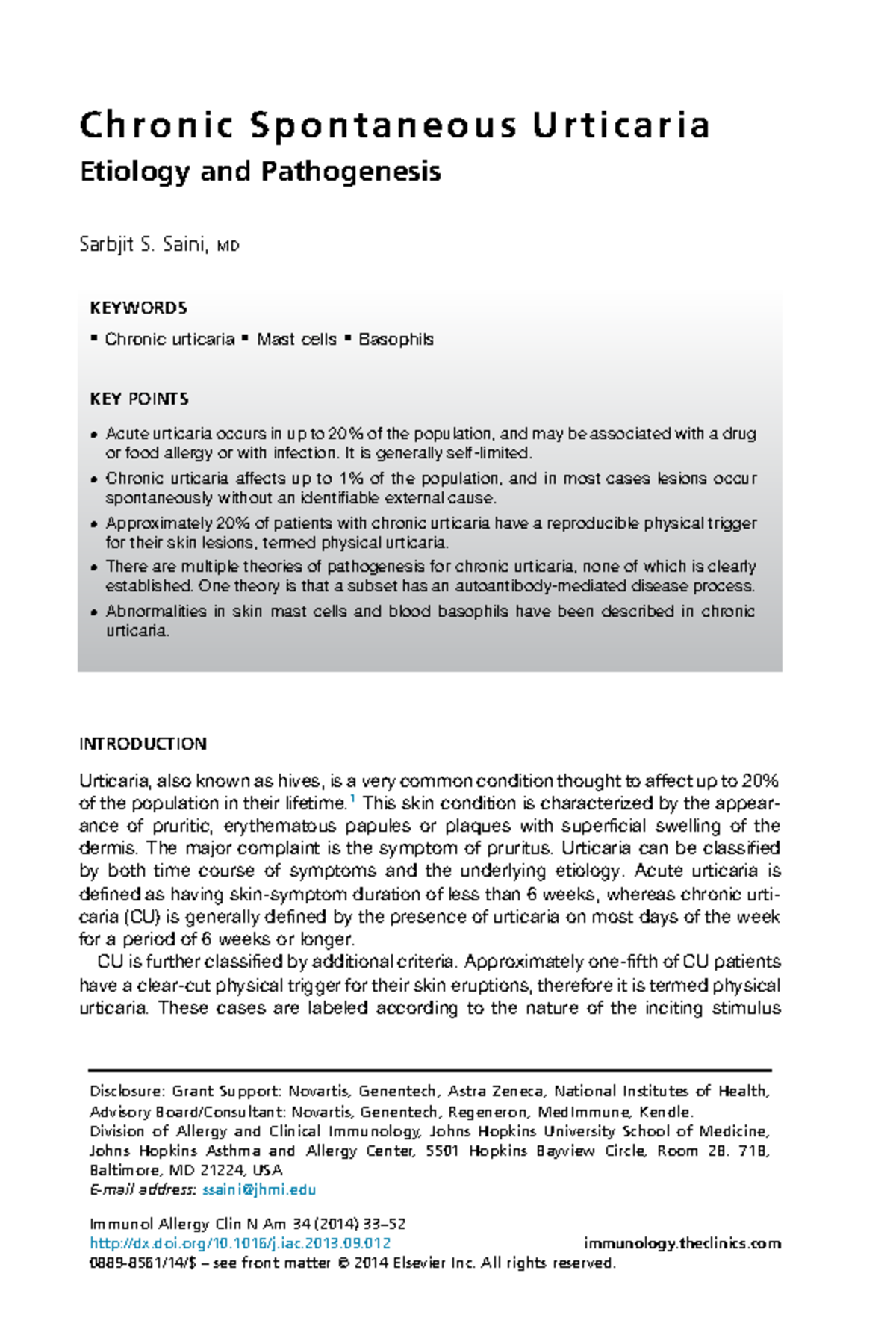 Chronic Spontaneous Urticaria: Etiology and Pathogenesis (Saini 2014 ...