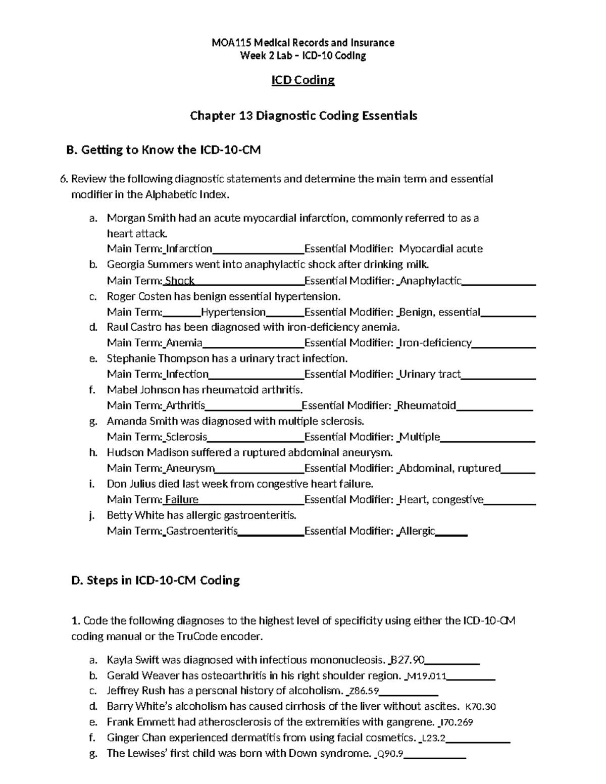 MOA115 Week 2 Lab: ICD Coding Essentials & Diagnostic Terms - Studocu