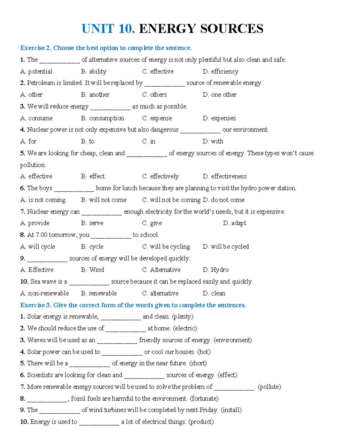 UNIT 10: ENERGY SOURCES - Exercise & Review for Anh 7 - Studocu
