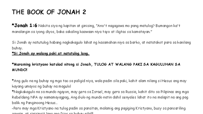 THE BOOK OF JONAH 2: LESSON ON SPIRITUAL AWARENESS - Studocu
