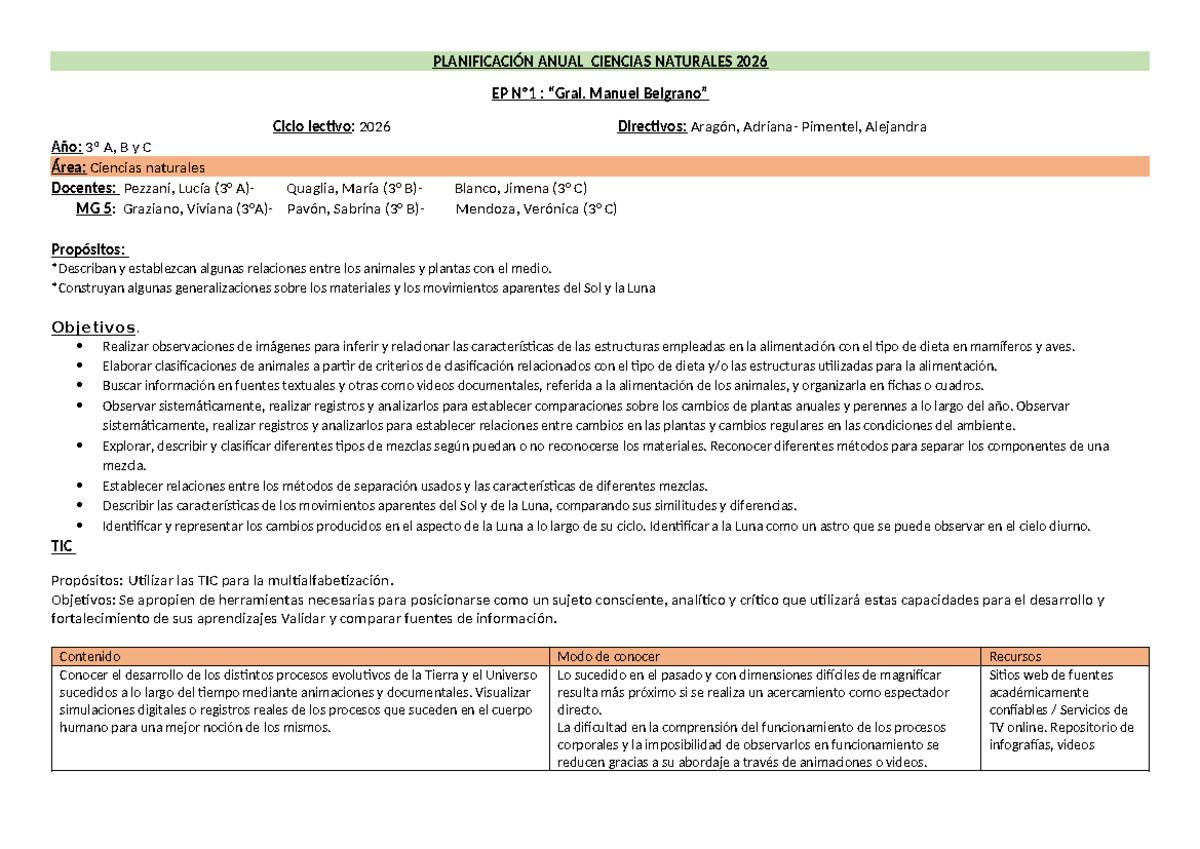 Planificación Anual de Ciencias Naturales 2026 - 3º A, B y C - Document Preview