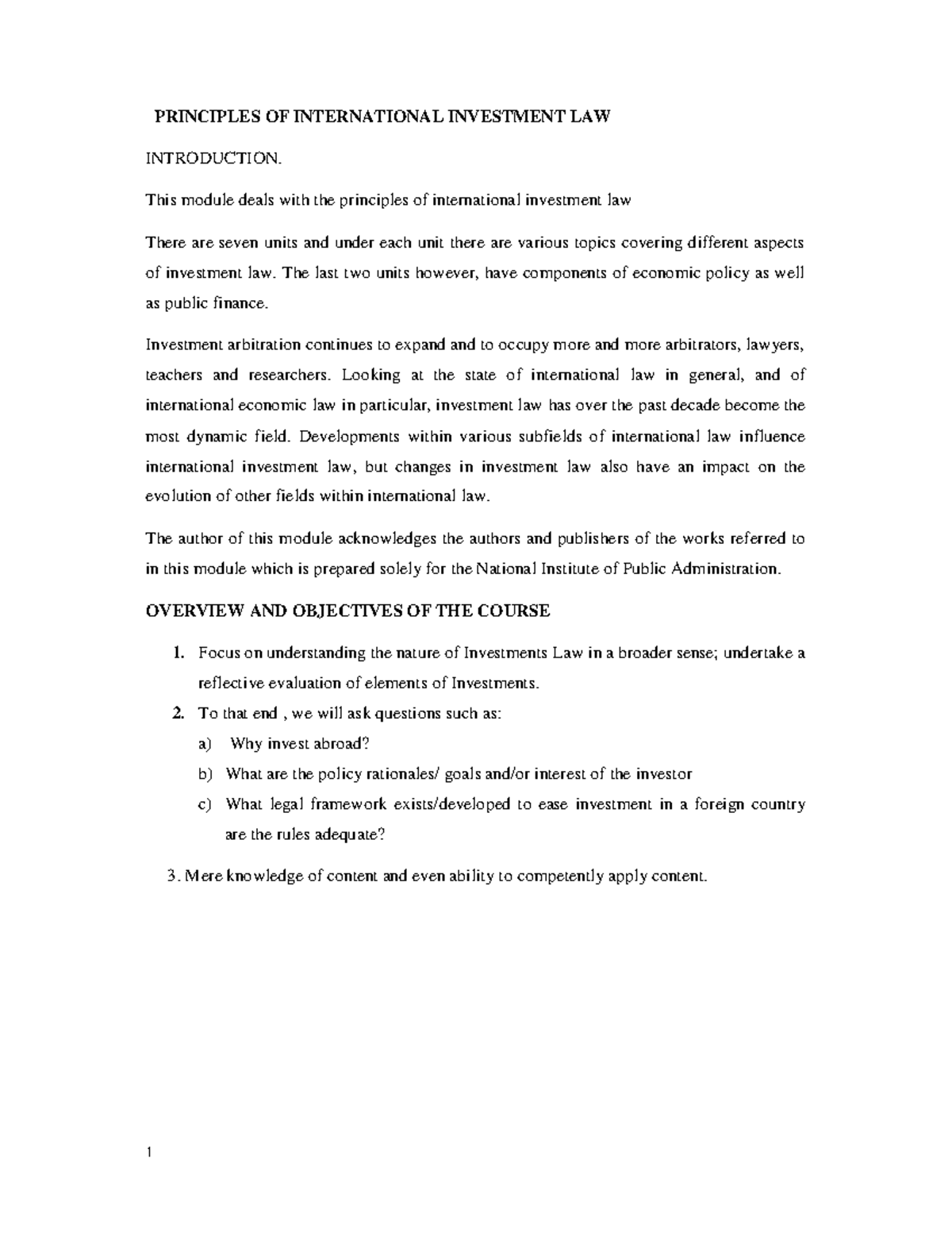 LLB 312 - Principles of International Investment Law Overview - Studocu