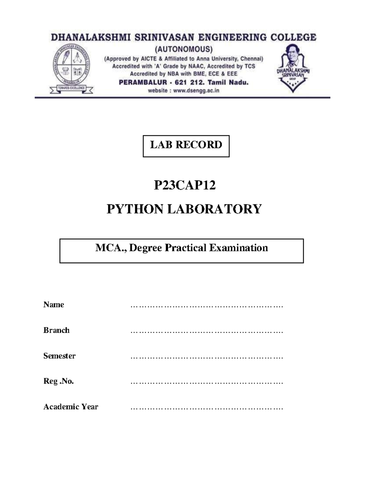 Python Lab Record P23CAP12 - Practical Exam Notes - Studocu