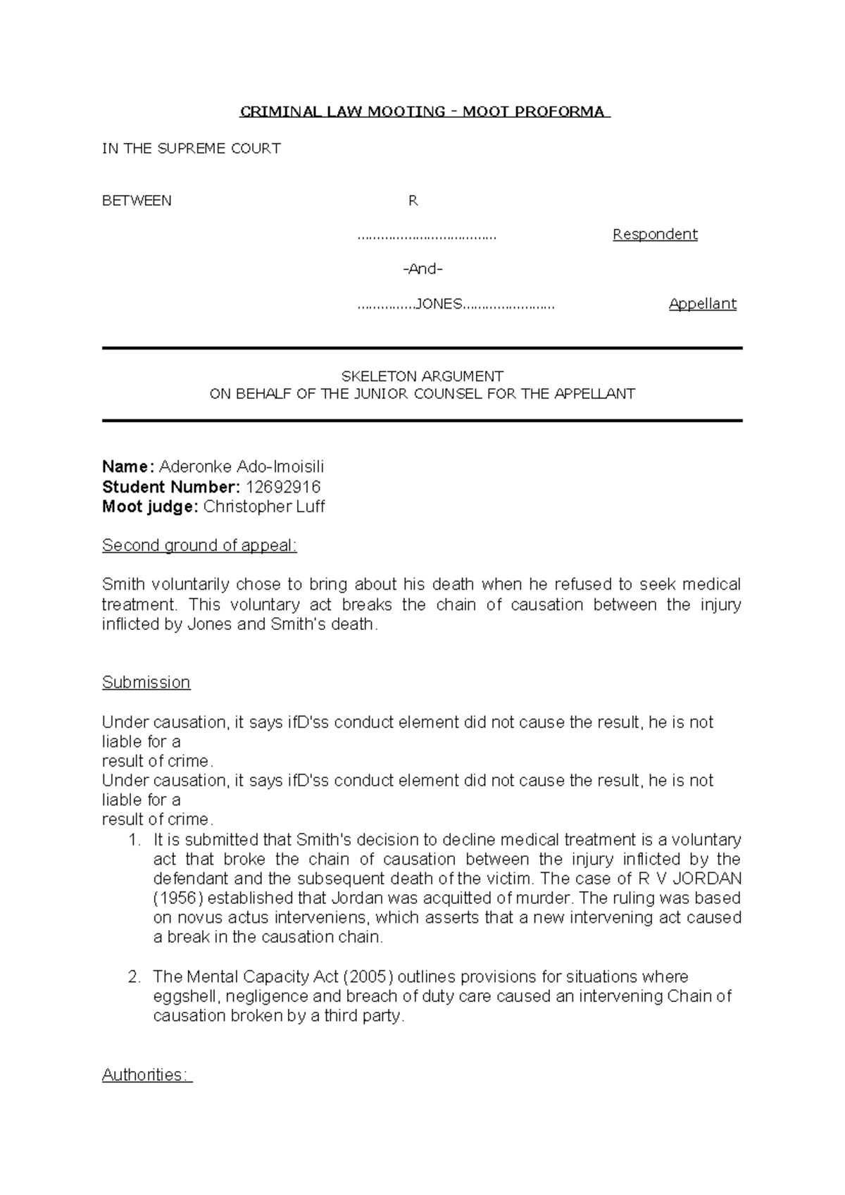 CRIMINAL LAW MOOT PROFORMA: SKELETON ARGUMENT FOR APPELLANT - Studocu