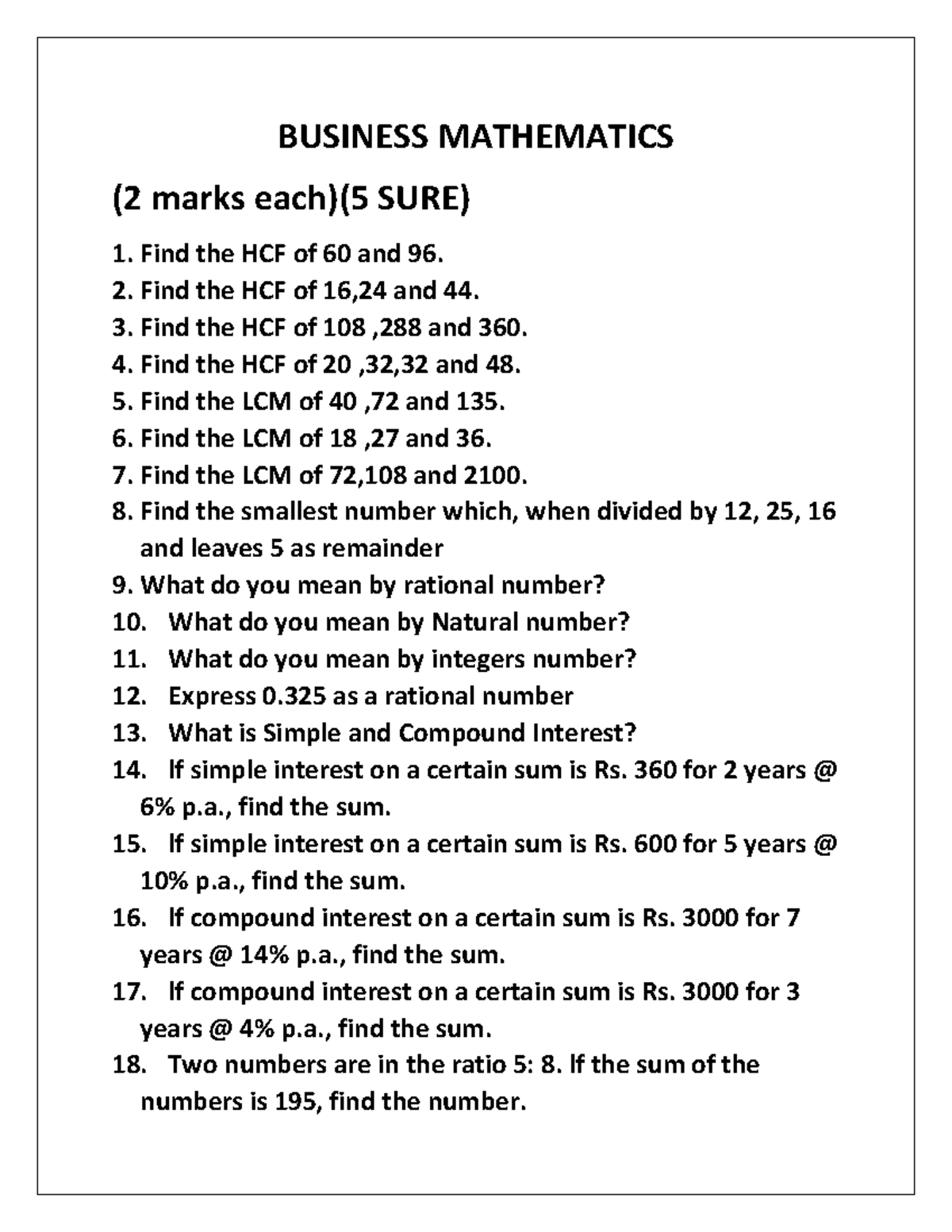 Business Mathematics - NOTES PDF - BUSINESS MATHEMATICS (2 marks each ...