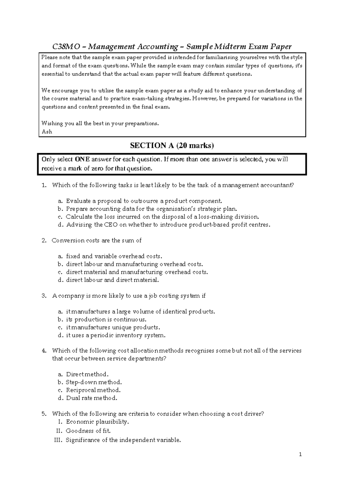 C38MO Management Accounting Sample Midterm Exam Paper - Studocu