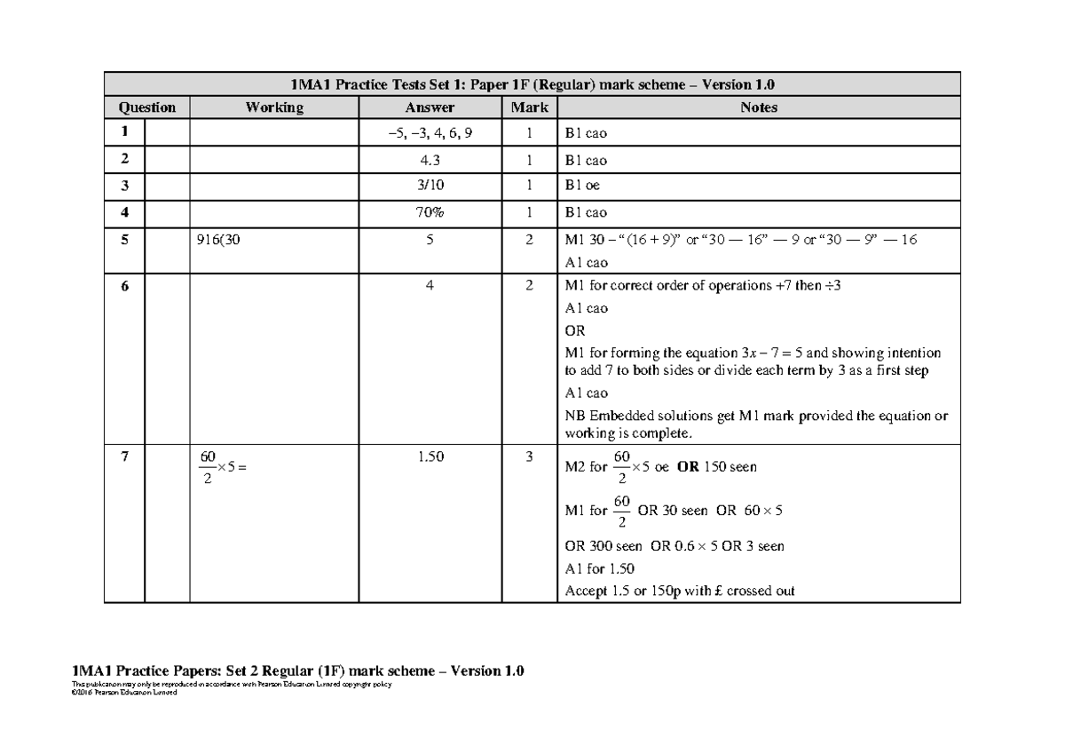 1MA1 Practice Tests Set 1: Paper 1F Mark Scheme Version 1.0 - Studocu