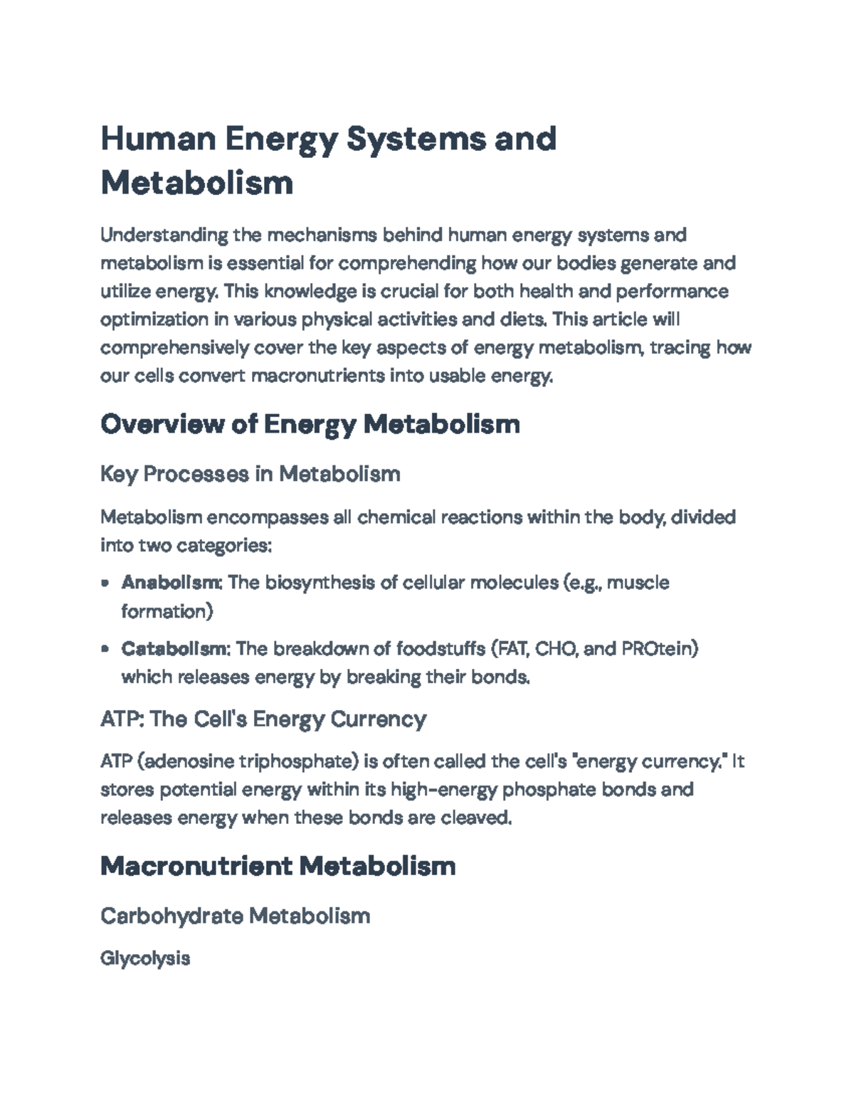 Human Energy Systems and Metabolism Overview (Course Code: BIO101 ...