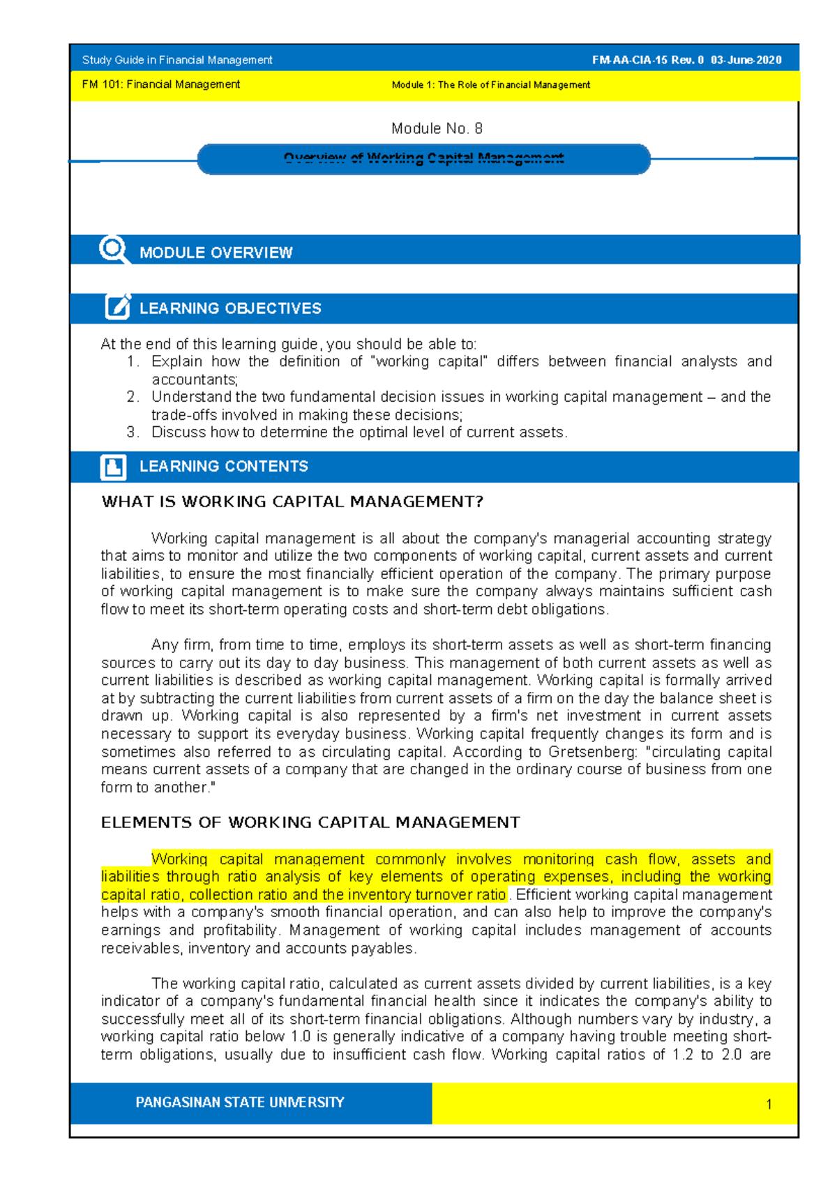 FM 101 SG 8 - Credit - Overview of Working Capital Management Study ...
