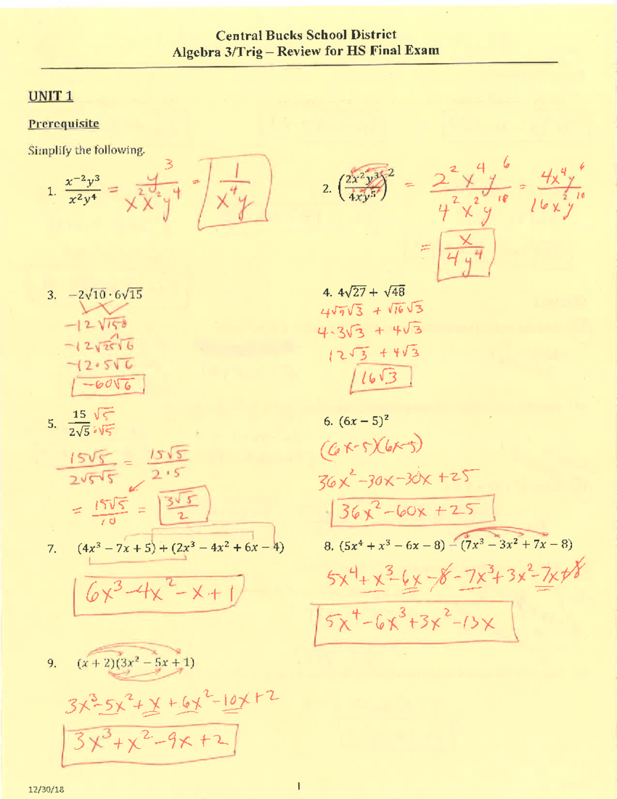 Alg 3 - Final Review Packet - answer key - Central Bucks School ...
