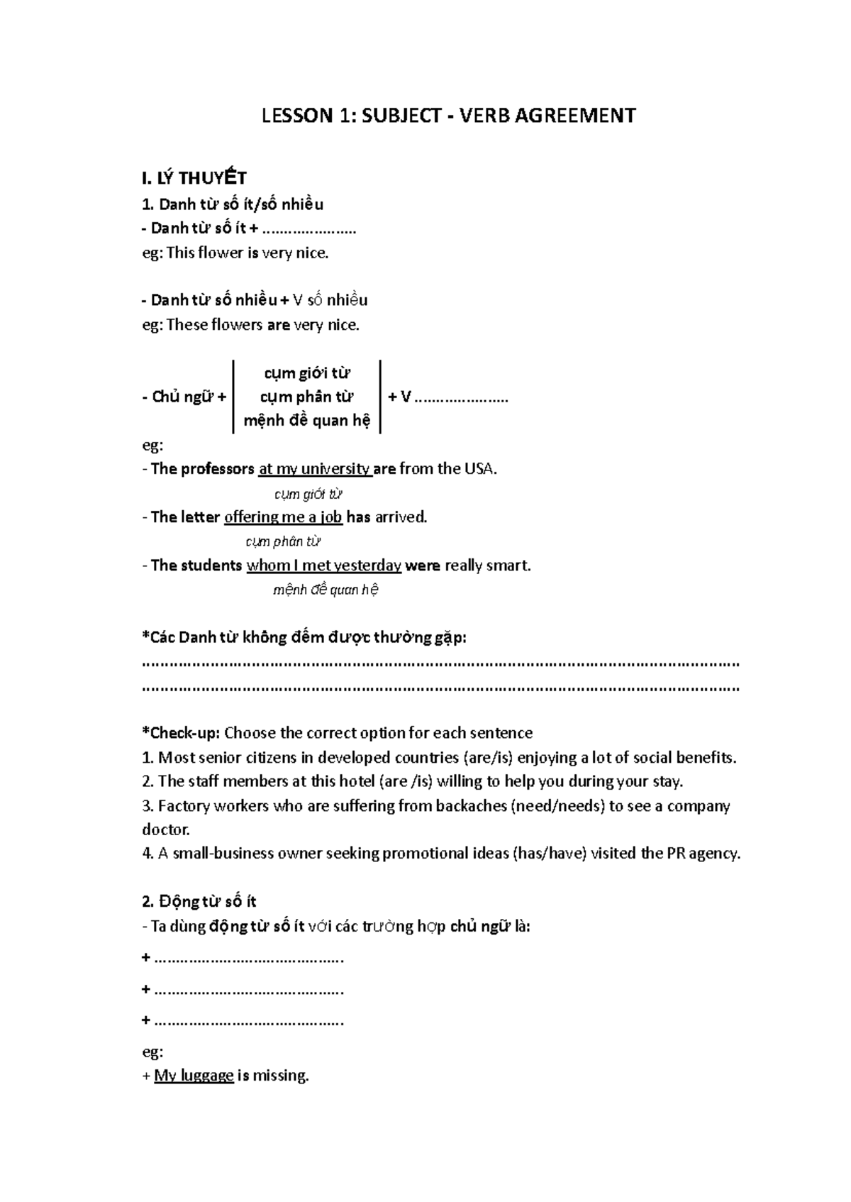 B1: LESSON 1 - SUBJECT VERB AGREEMENT (Anh Văn) - Studocu