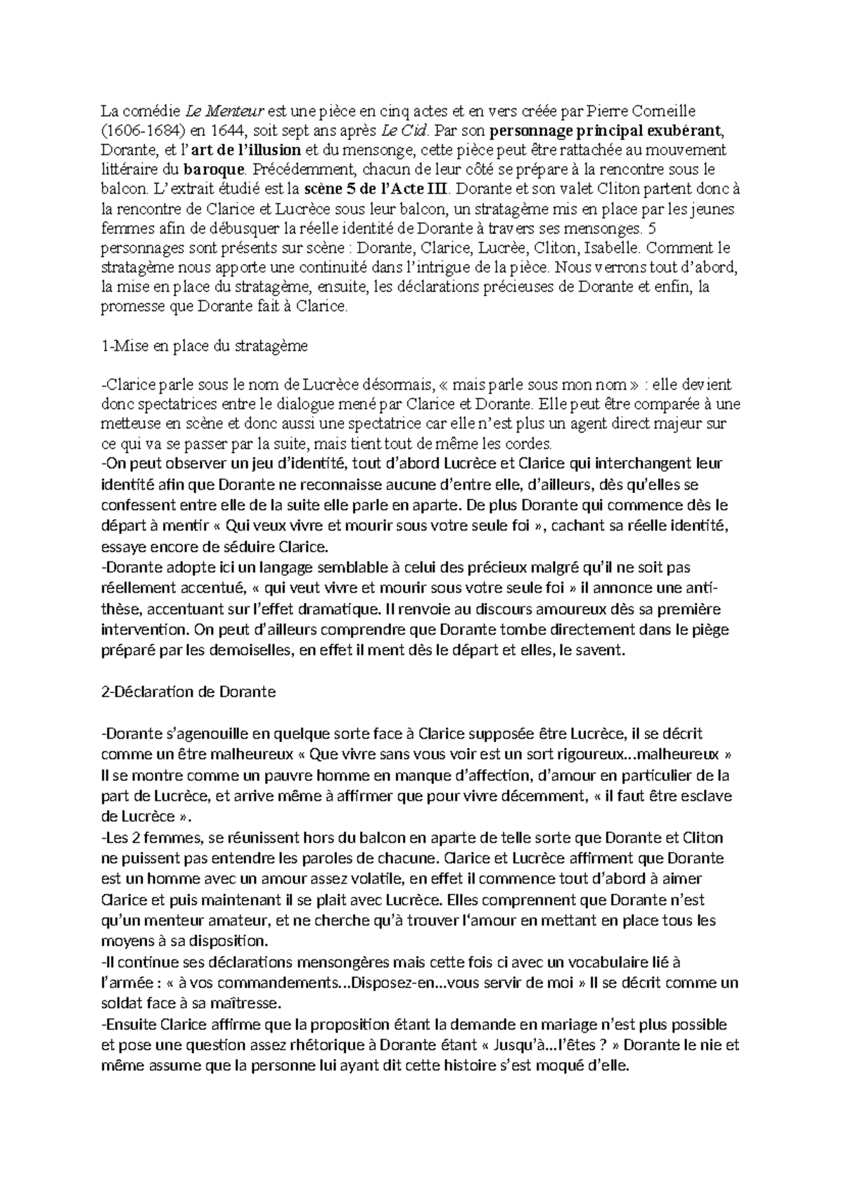 Le Menteur - Analyse de la Scène 5, Acte III (Cours de Littérature