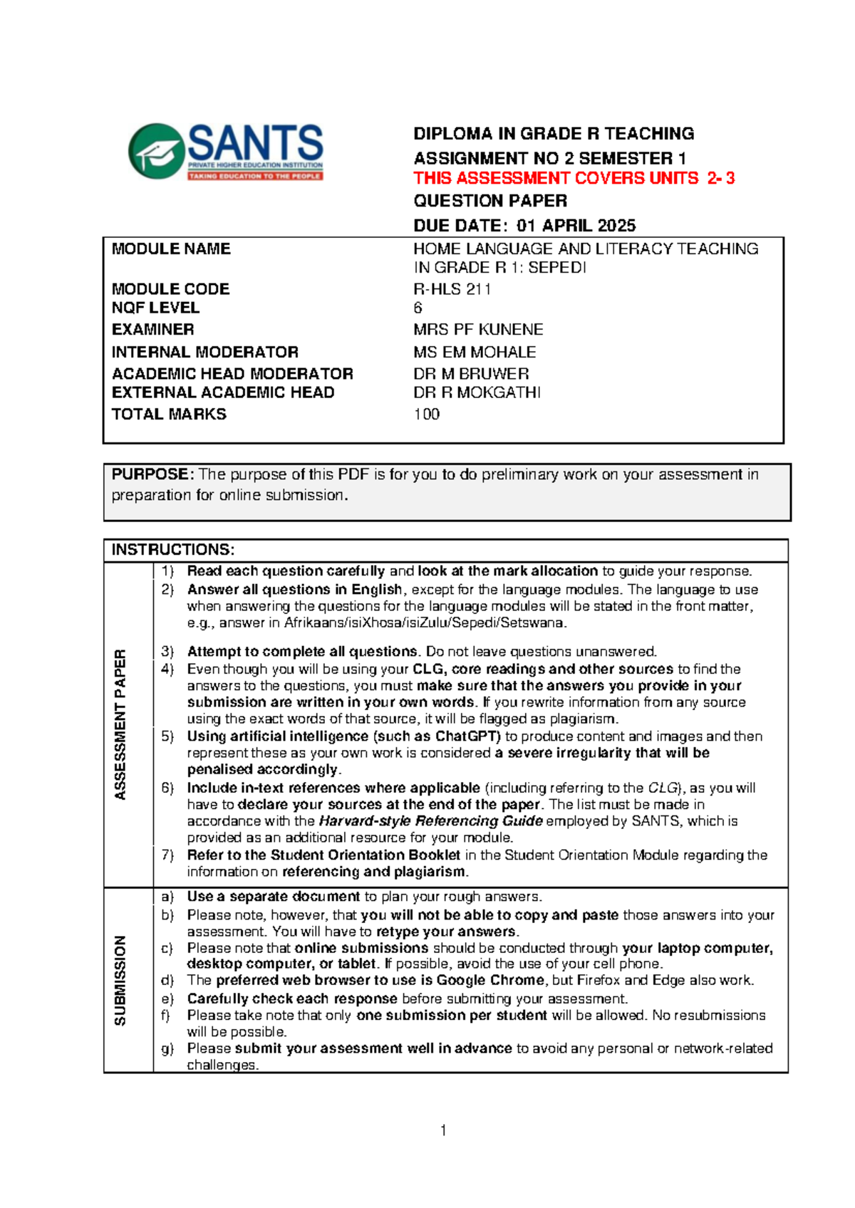 DIPLOMA IN GRADE R TEACHING ASSIGNMENT 2: HOME LANGUAGE & LITERACY ...