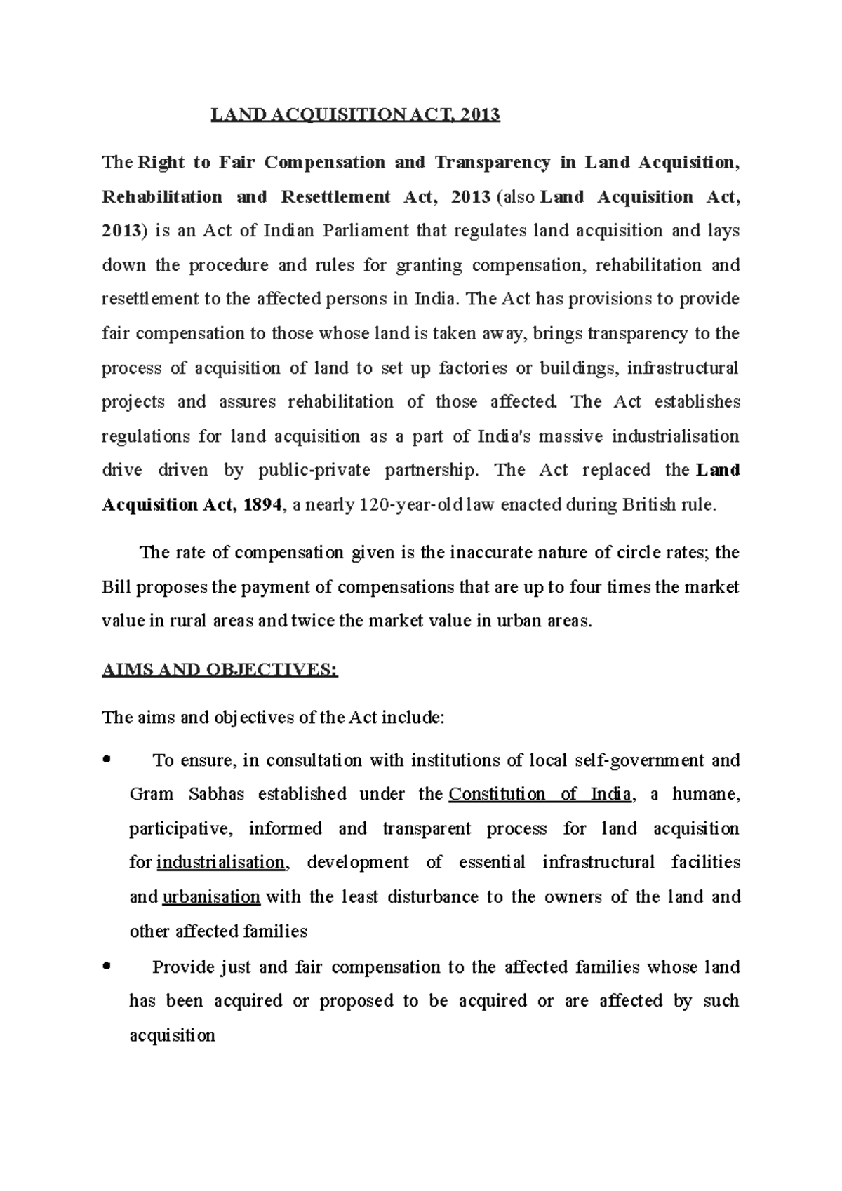 Land Acquisition Act, 2013 - Lecture Notes 1-10 Overview - Studocu