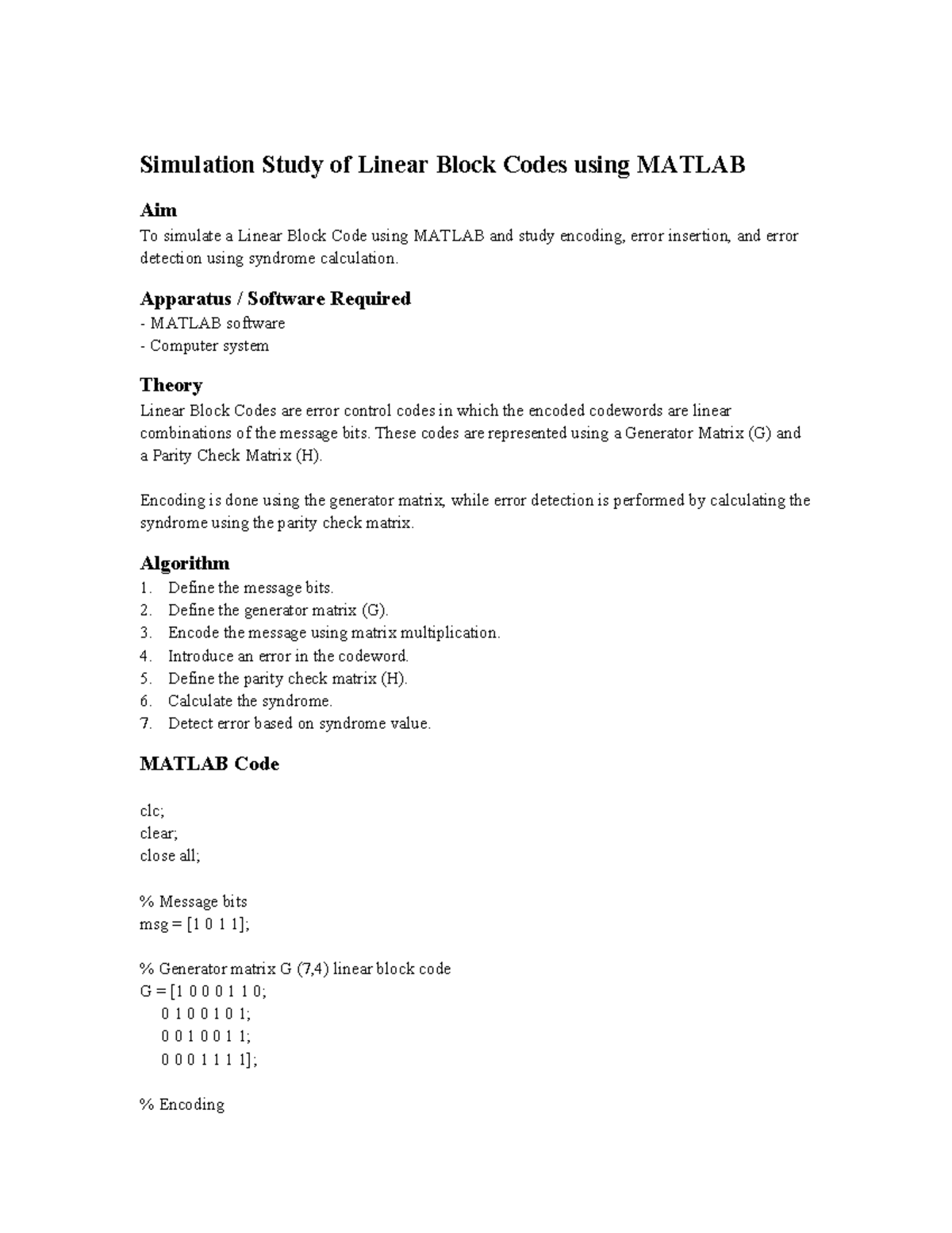 Simulation of Linear Block Codes in MATLAB - EXP 6 - Studocu