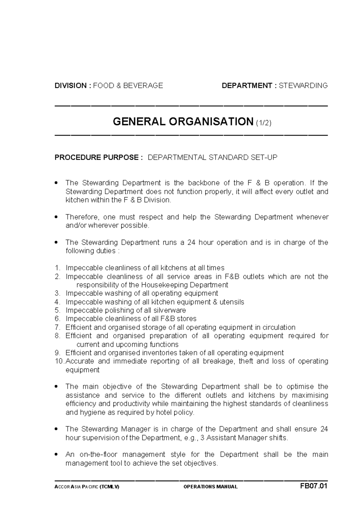 FB07.01 Stewarding Department General Organisation & Procedures - Studocu