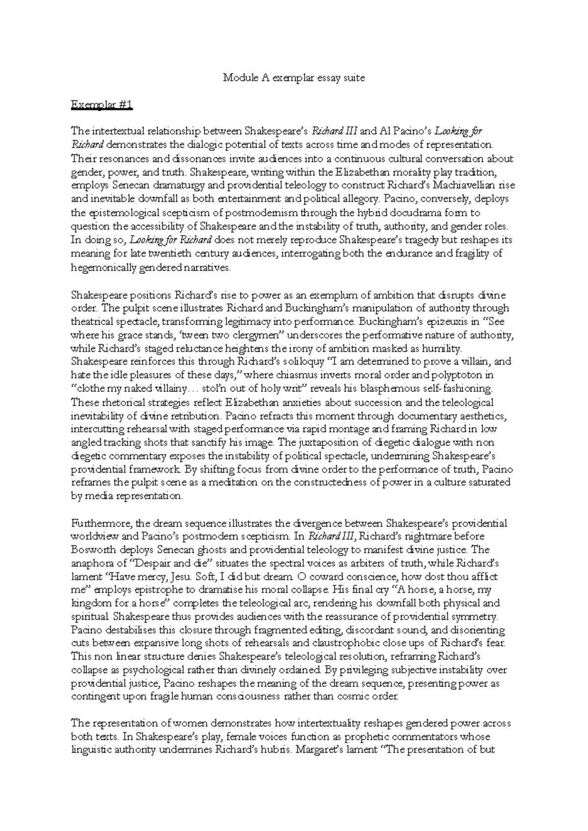 Module A Exemplar Essay: Intertextuality in Richard & Looking for ...
