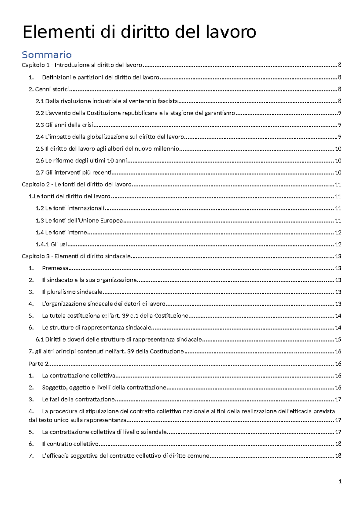 Riassunto Diritto del Lavoro - Esami e Capitoli Fondamentali - Document Preview