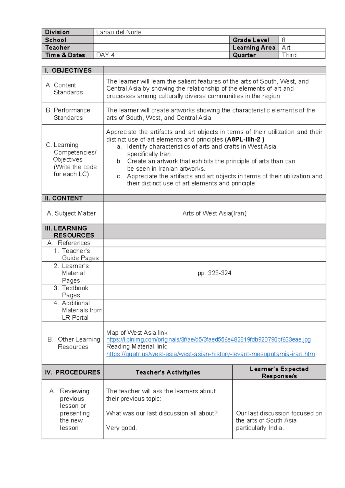 Grade 3 Art Lesson Plan: Exploring Iranian Arts & Crafts (DAY 4) - Studocu