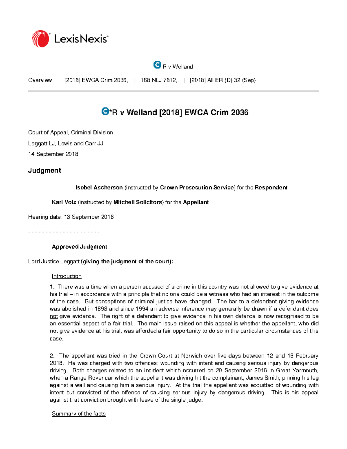 R v Welland [2018] EWCA Crim 2036: Appeal Judgment Overview - Studocu