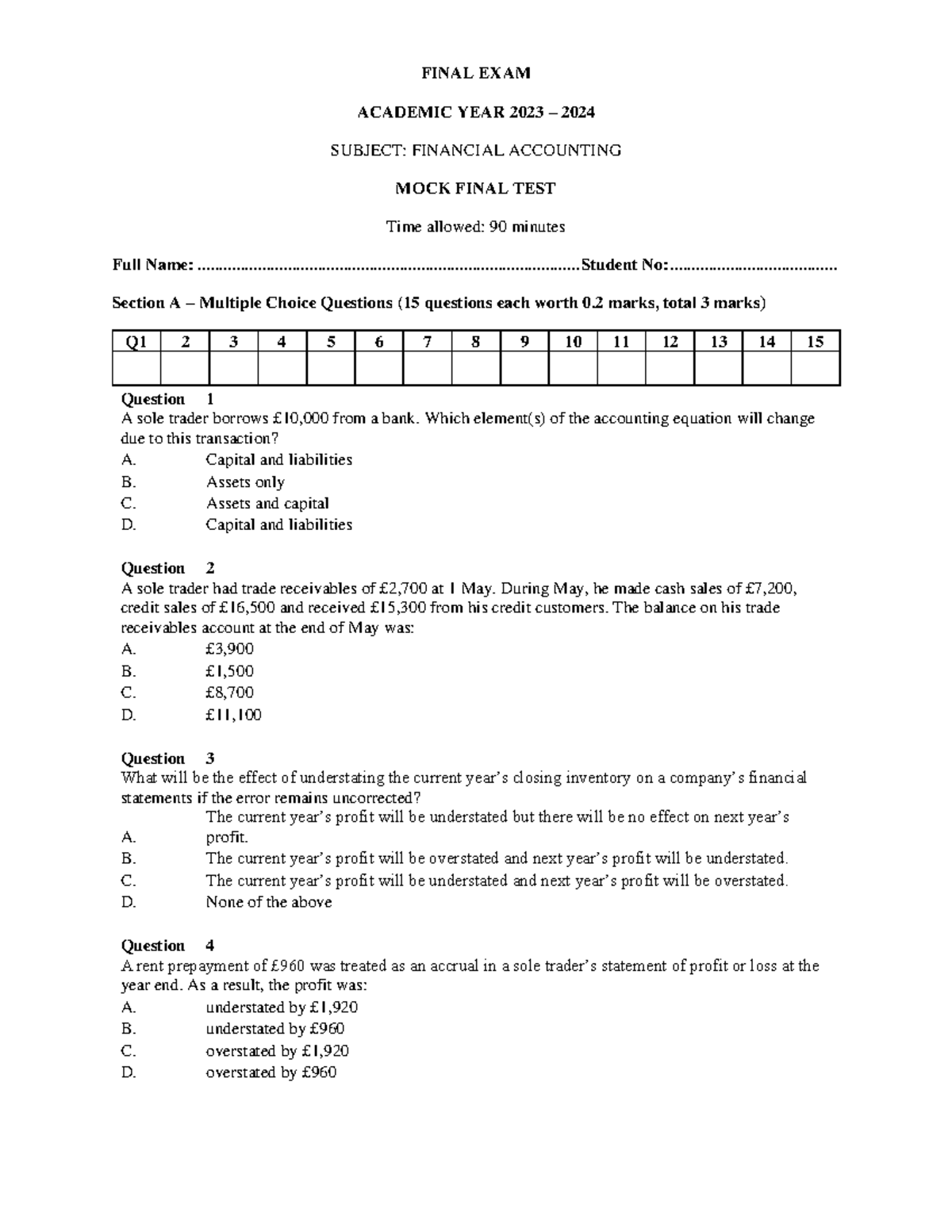 FINANCIAL ACCOUNTING 232 MOCK FINAL EXAM 2023-2024 - Studocu