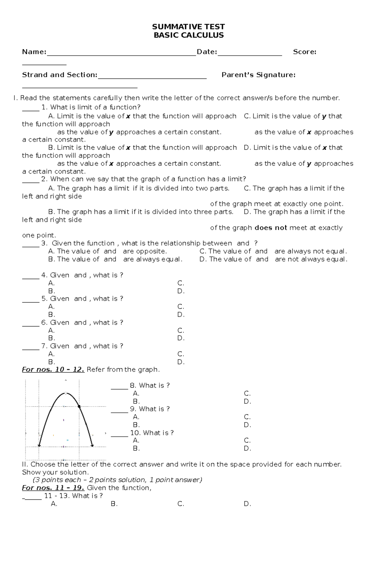 Basic Calculus Summative Test (MATH 101) - Studocu