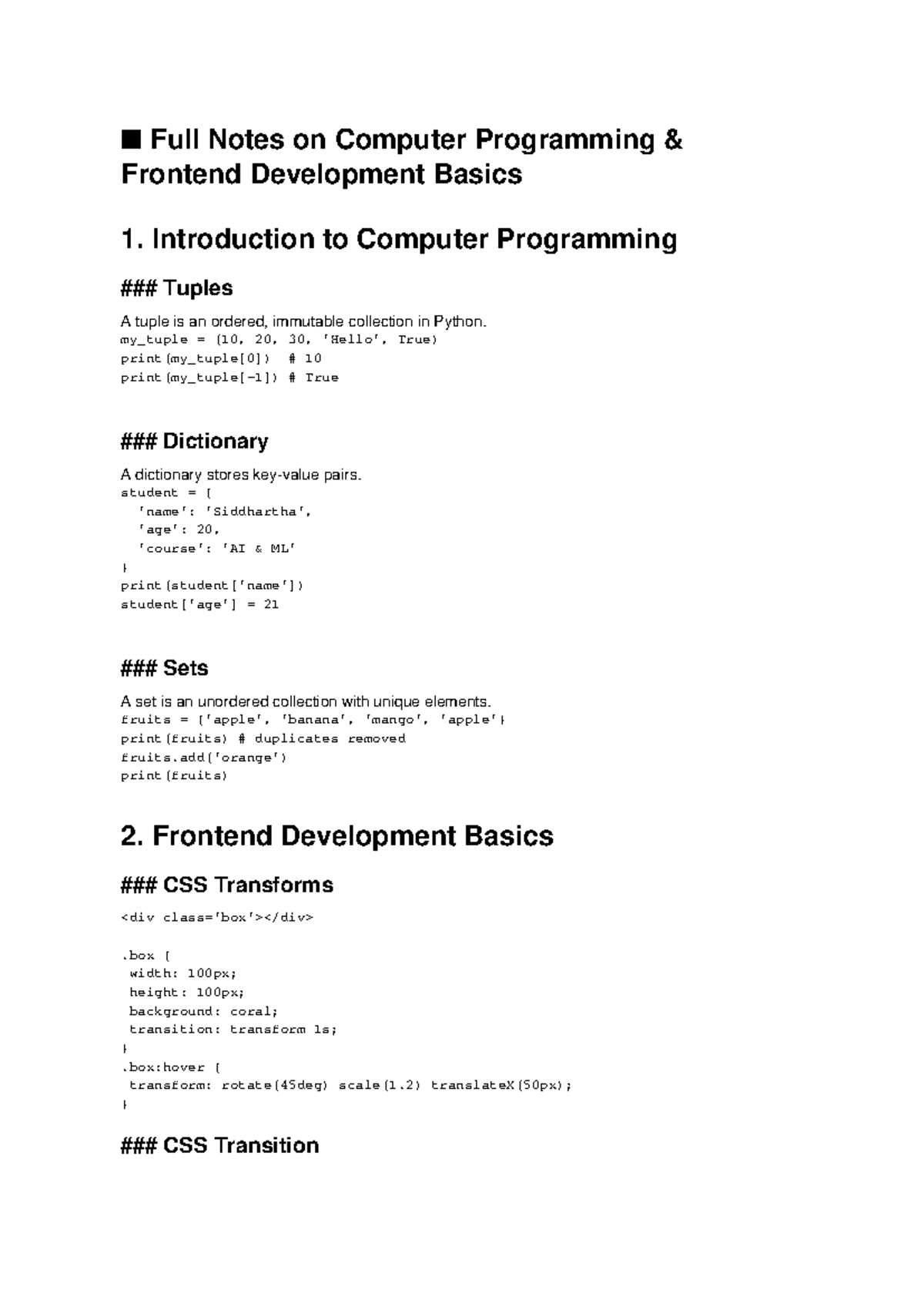 Frontend Programming Notes: Basics of CSS, Tuples, and Dictionaries ...
