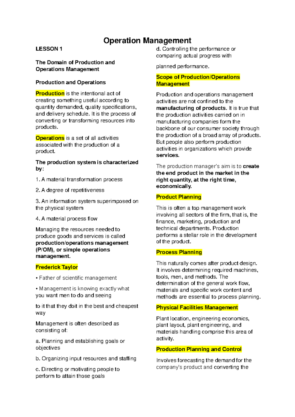 Operation Management Lesson 1: Controlling Performance in Production ...