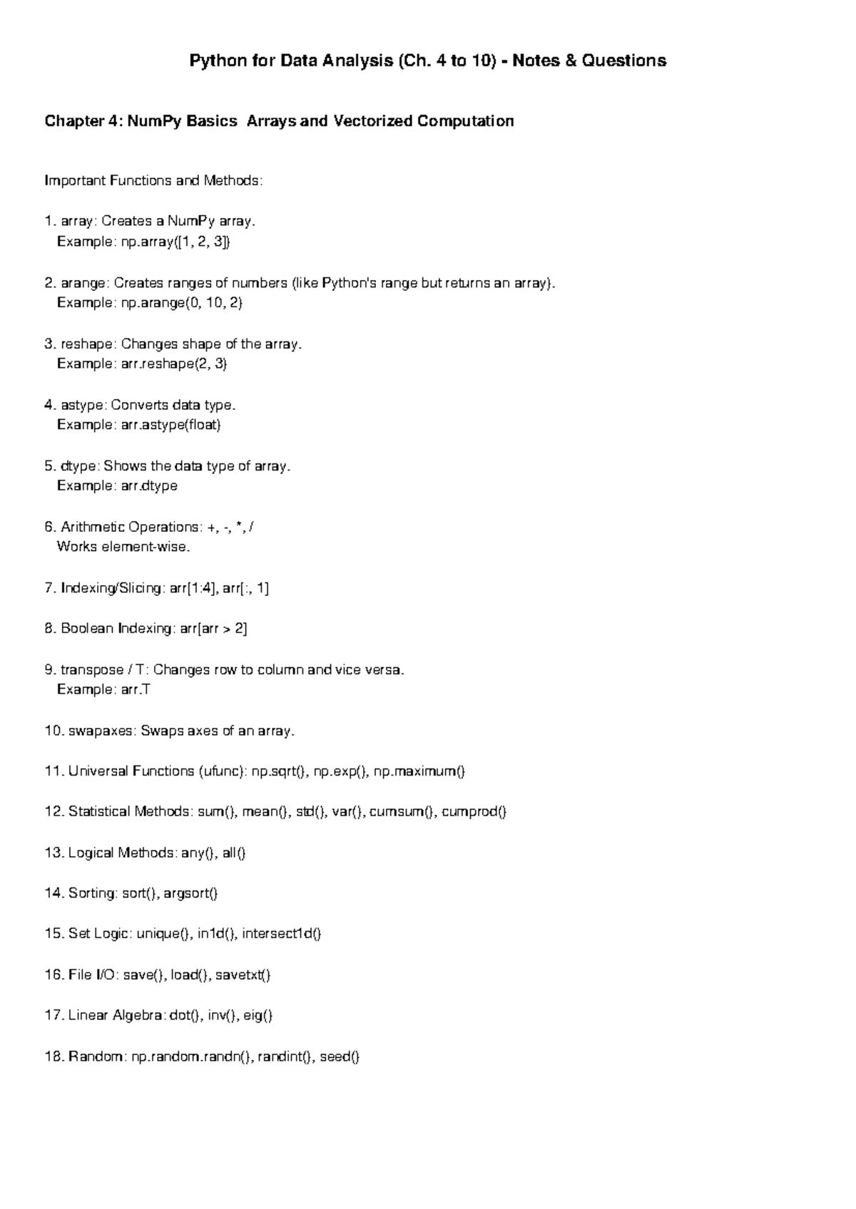 Python for Data Analysis (PYTHON101) Ch. 4-10 Notes & Key Functions ...