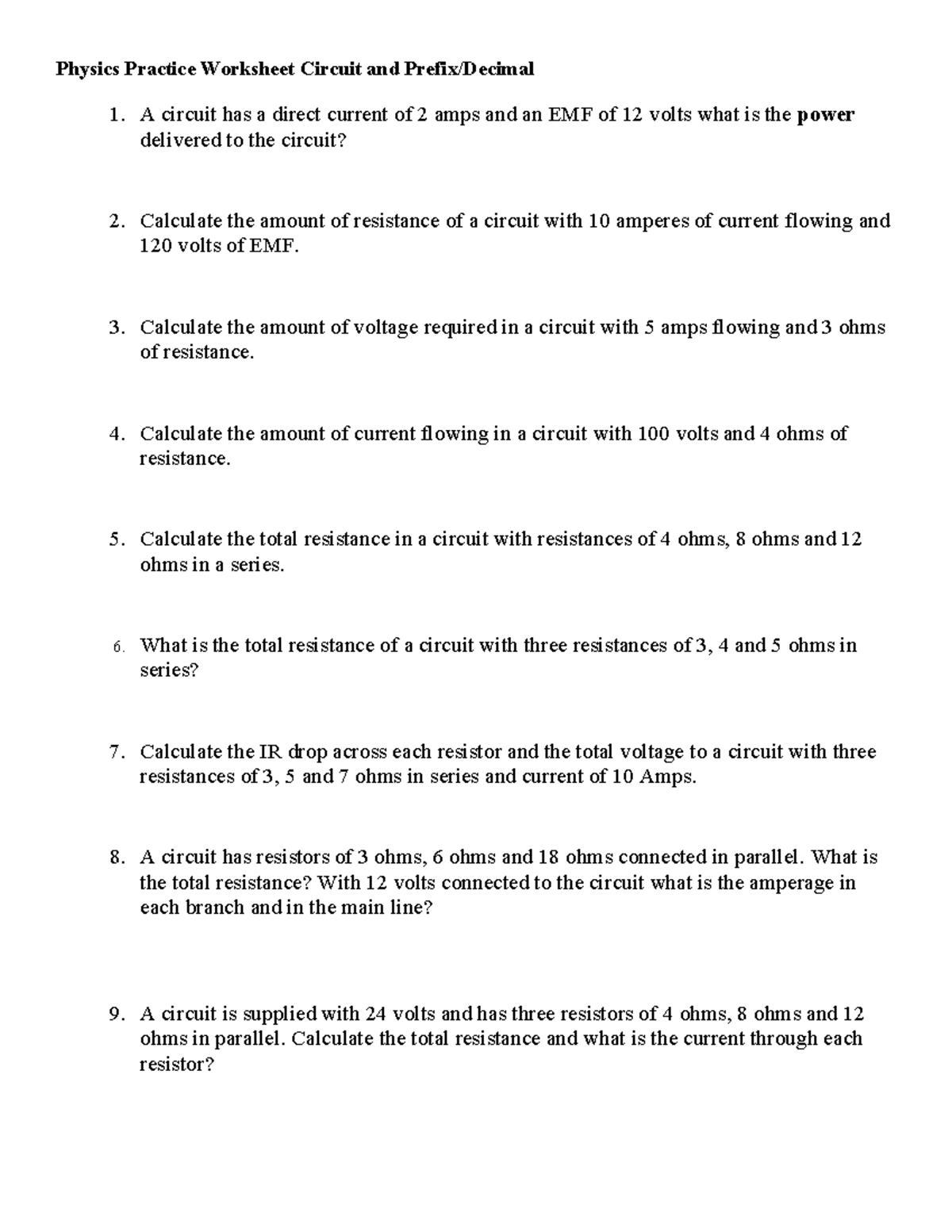 Physics Practice Worksheet: Circuit Calculations and Problems - Studocu