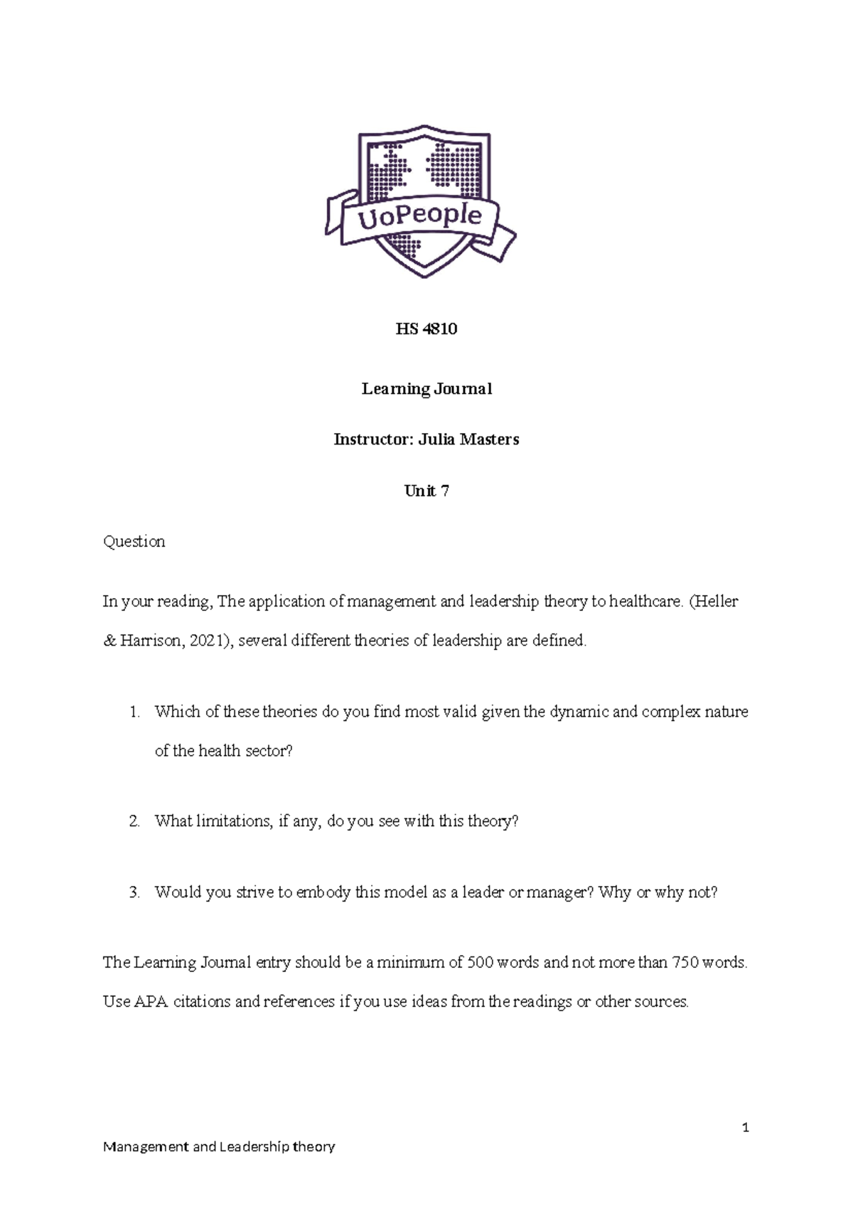 Unit 7 Learning Journal - Theories of Leadership in HS 4810 - Studocu
