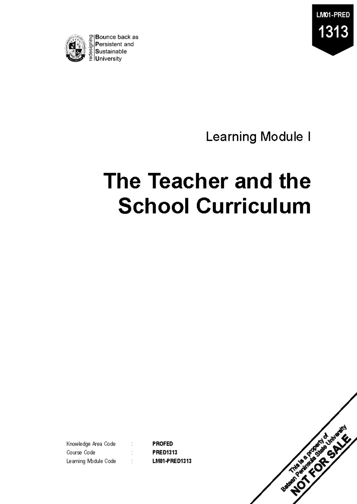 Learning Packet I: Understanding the Teacher & School Curriculum (PRED ...