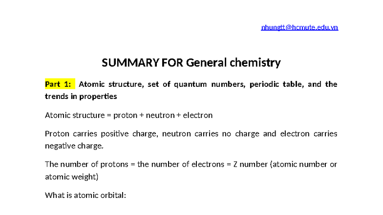 SUMMARY FOR General Chemistry 101: Atomic Structure & Chemical Bonds ...