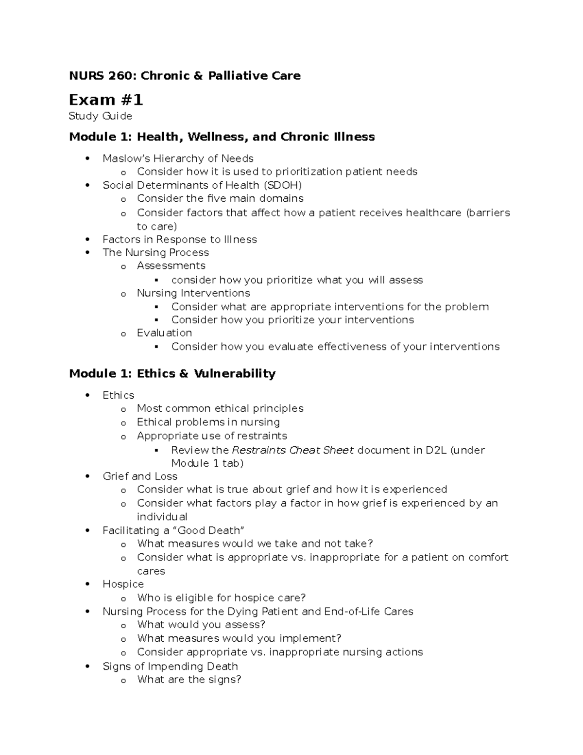 NURS 260: Chronic Palliative Care Exam #1 Study Guide - Studocu