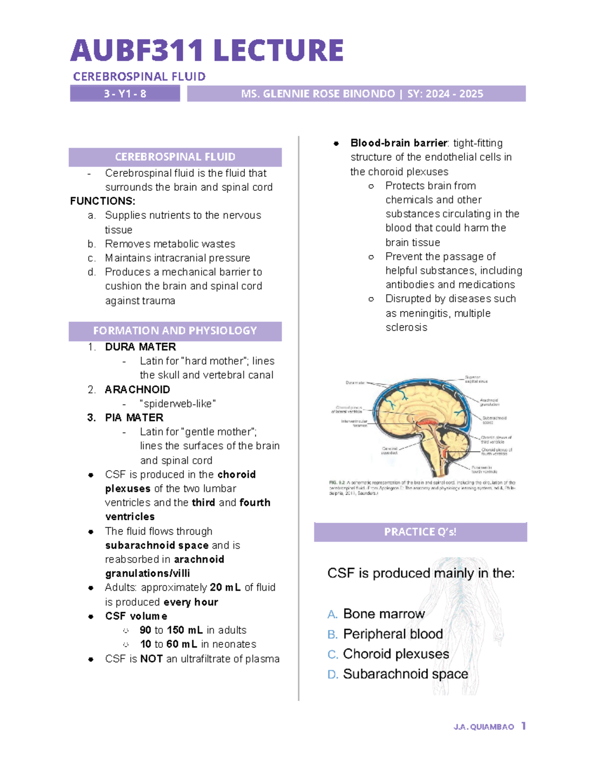 AUBF311 LECTURE NOTES ON CEREBROSPINAL FLUID (CSF) - Y1 2024-2025 - Studocu
