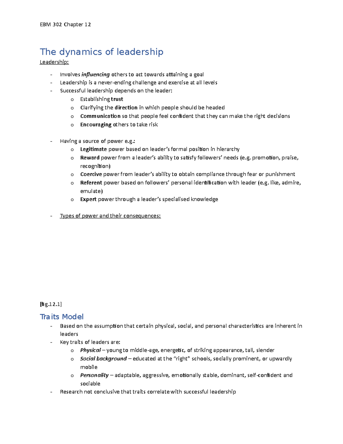 EBM302 Chapter 12: Dynamics of Leadership and Power Models - Studocu