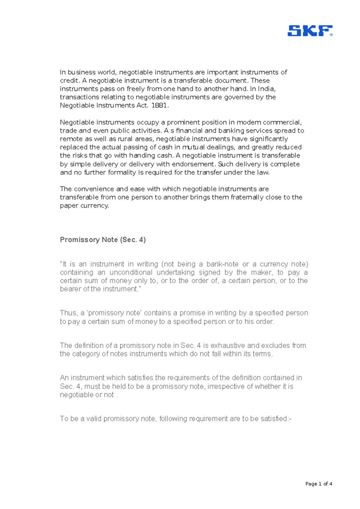 Assignment - Essentials of Promissory Note in Negotiable Instruments ...