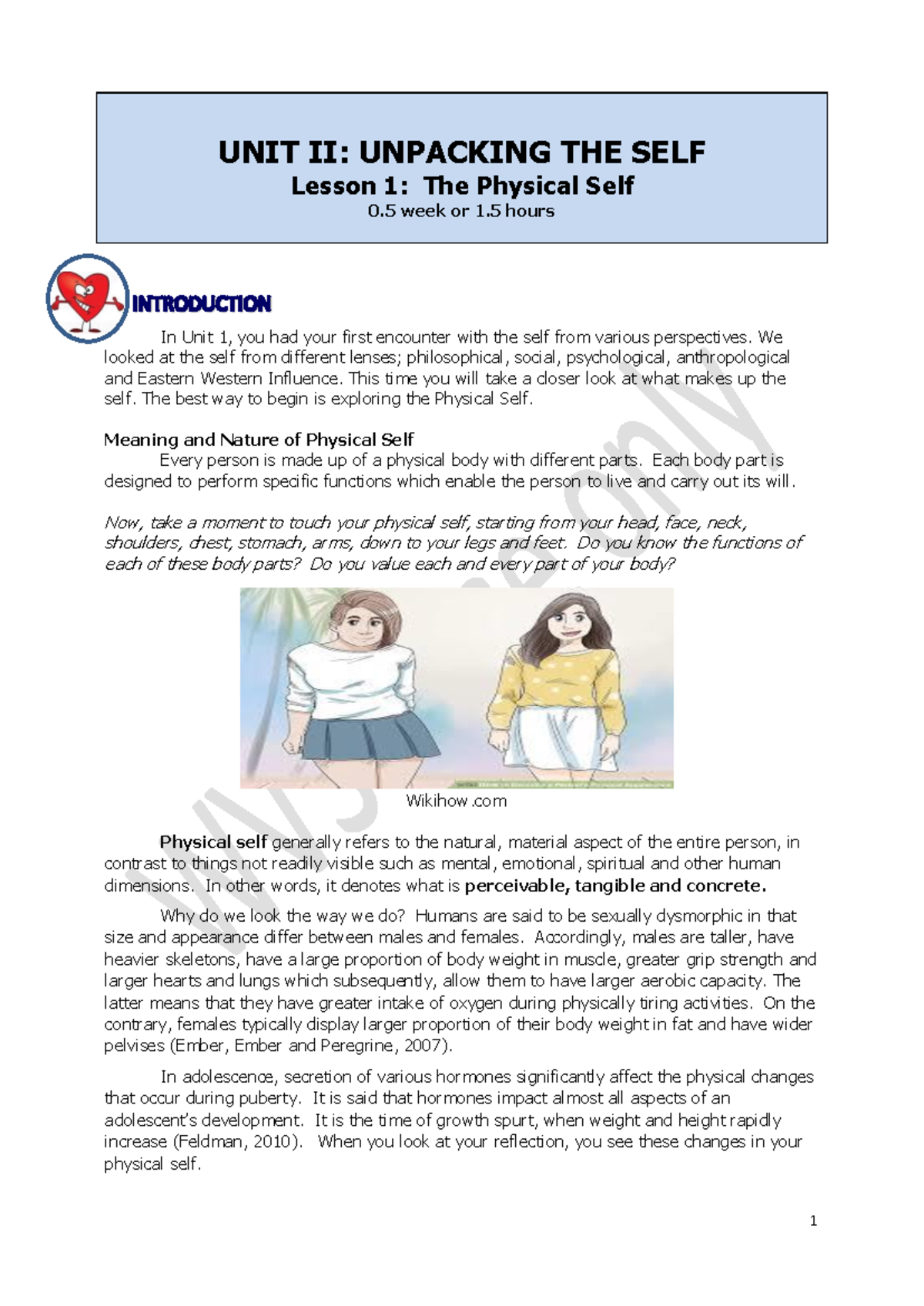 **Unit II: Understanding the Physical Self - Lesson 1 Overview** - Studocu