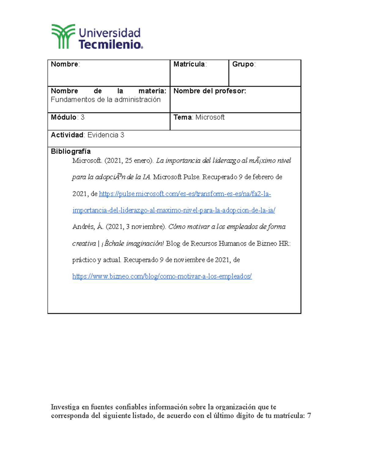 Fundamentos de la administración, evidencia 3 Microsoft - Nombre ...