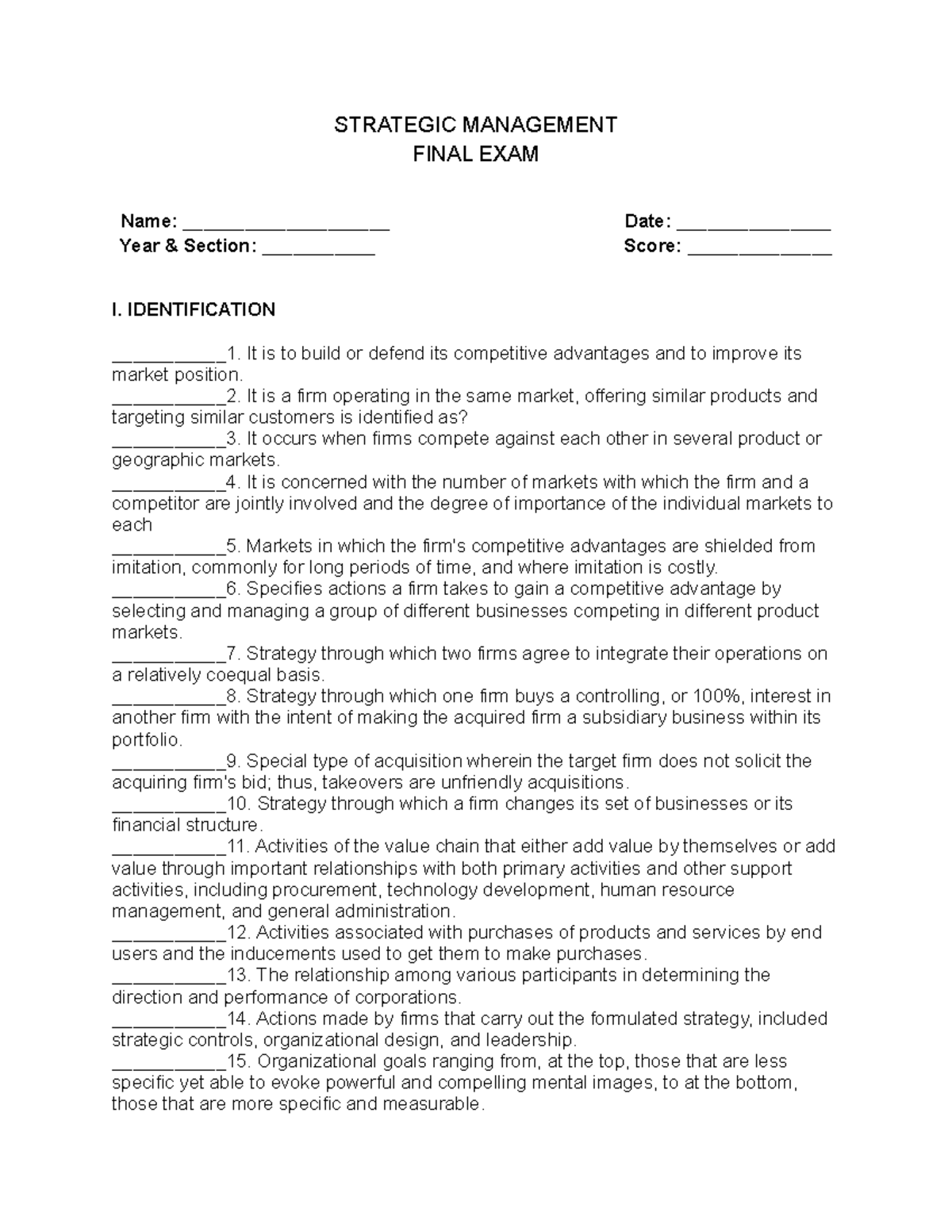Strategic Management Final Exam Review Guide (Code: SM100) - Studocu