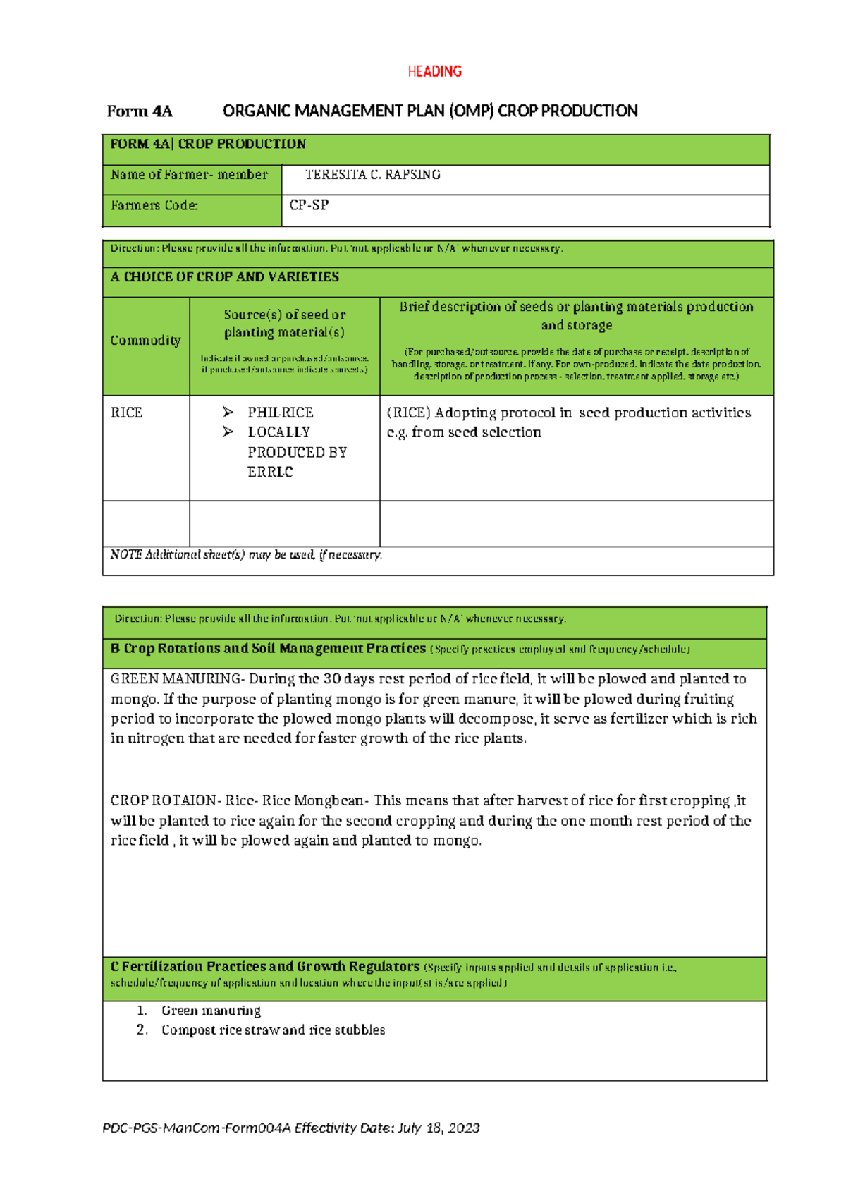 PDC PGS Form 4A: Organic Management Plan for Crop Production - Studocu