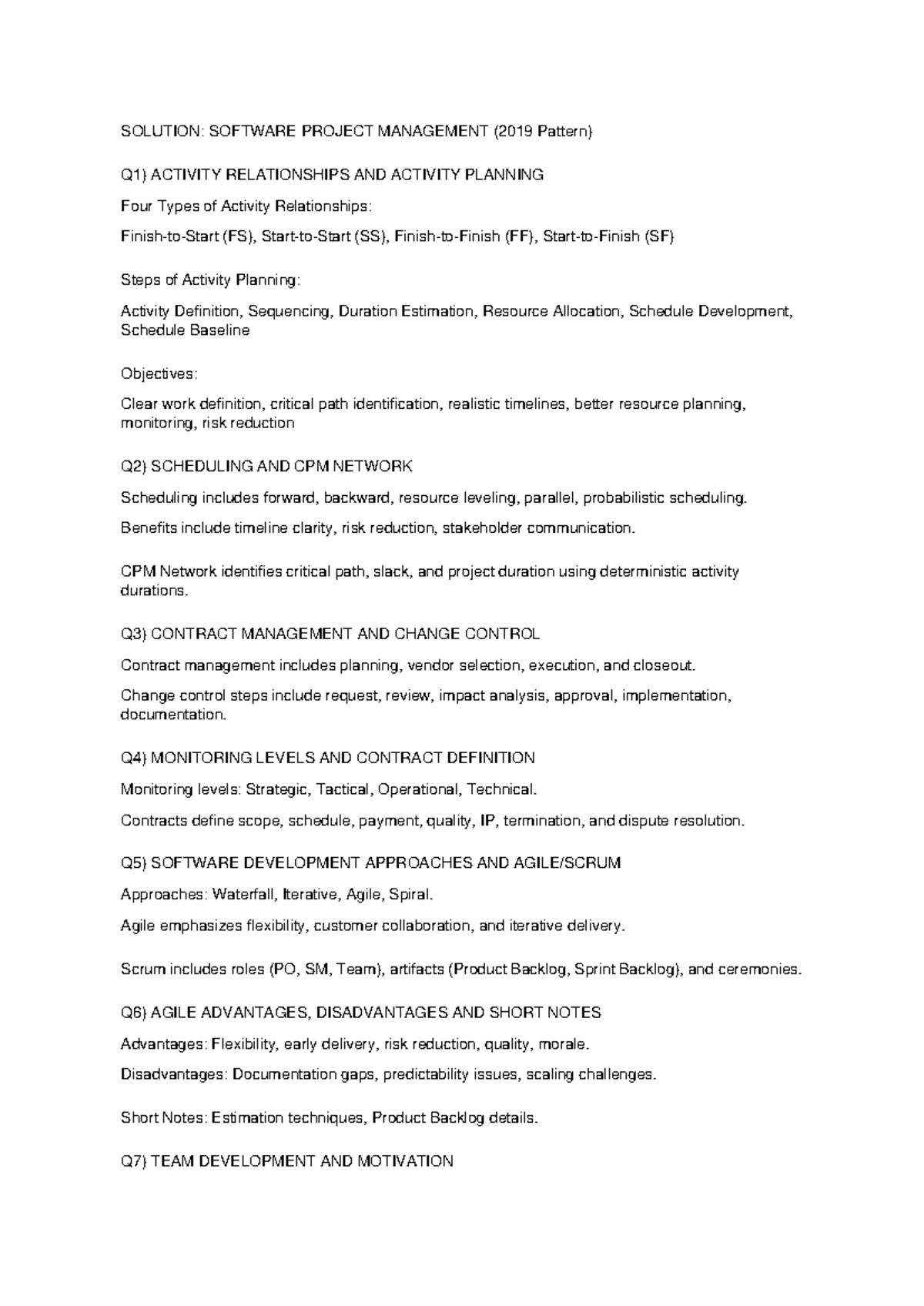 Software Project Management (2019 Pattern) - Solved Q&A Guide - Studocu