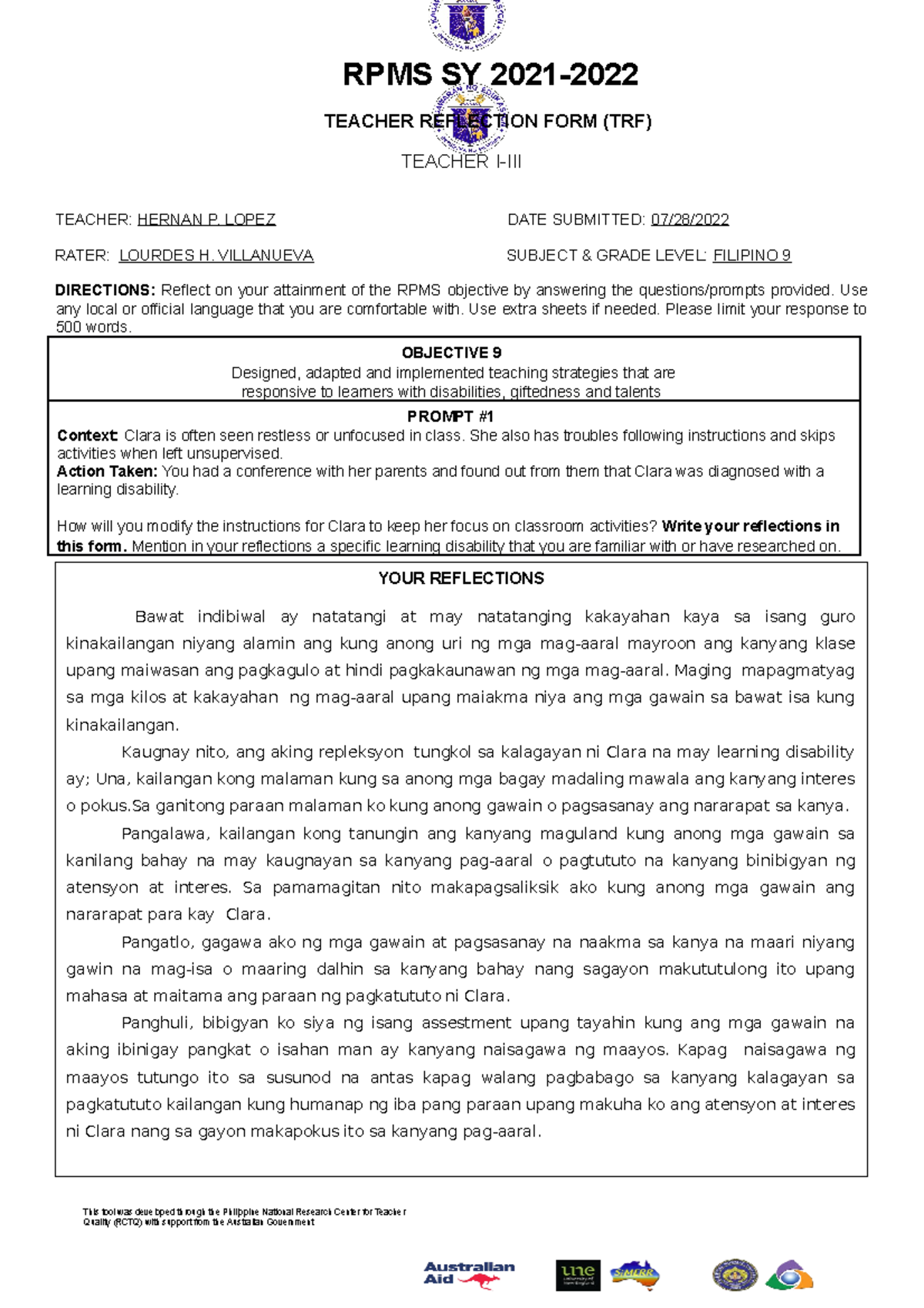 RPMS 2021-2022 Reflection on Teaching Strategies for Obj. 9-10 - Studocu