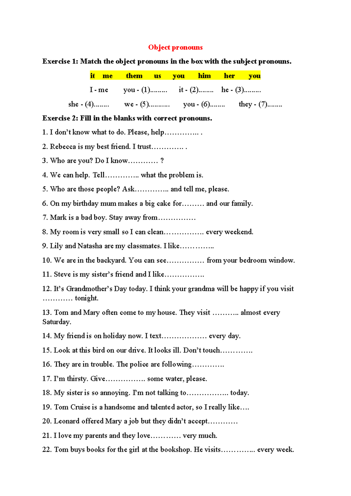 Object Pronouns Exercises: Matching, Fill-in-the-Blanks, and More - Studocu