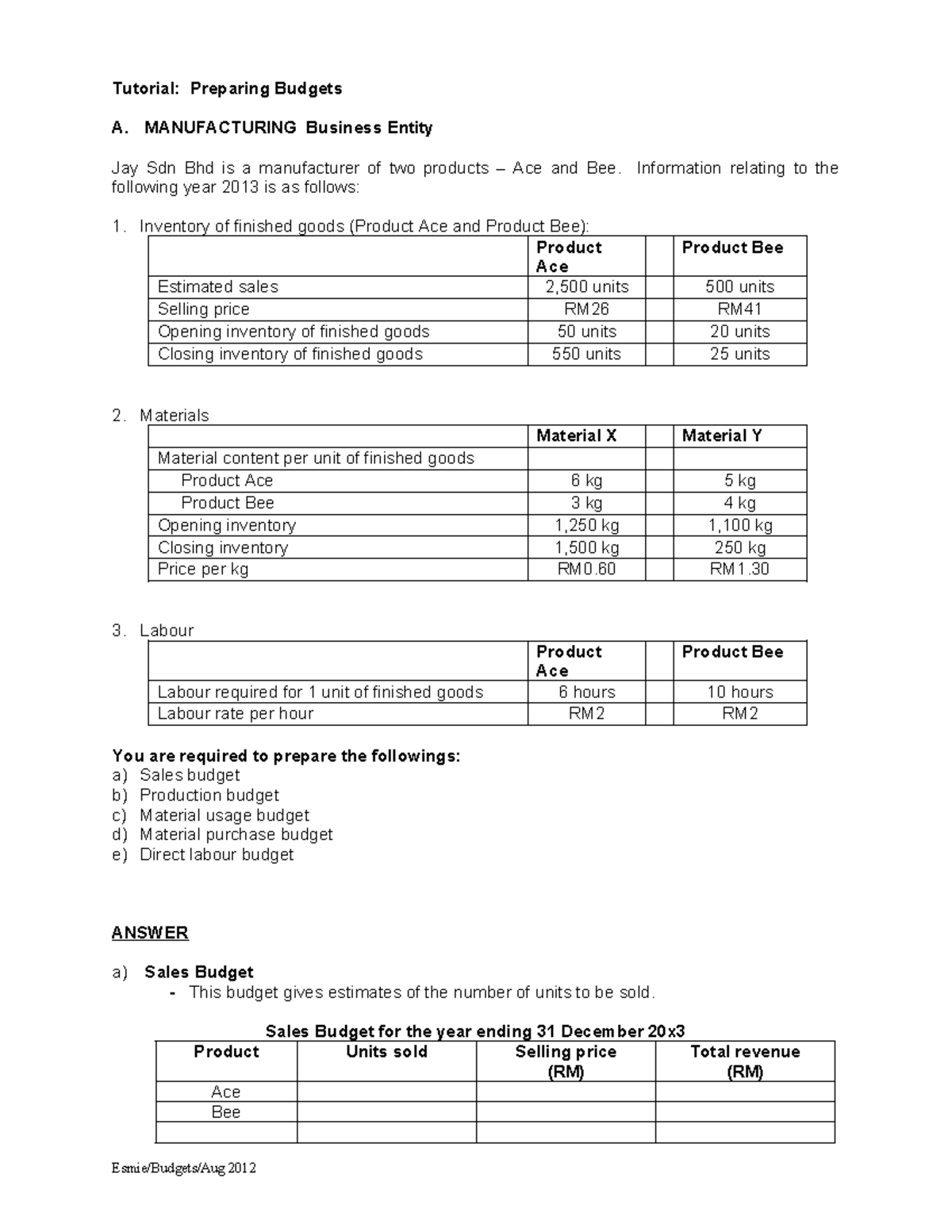 Corrected Tutorial Budget Answer 2022 - Tutorial: Preparing Budgets A ...