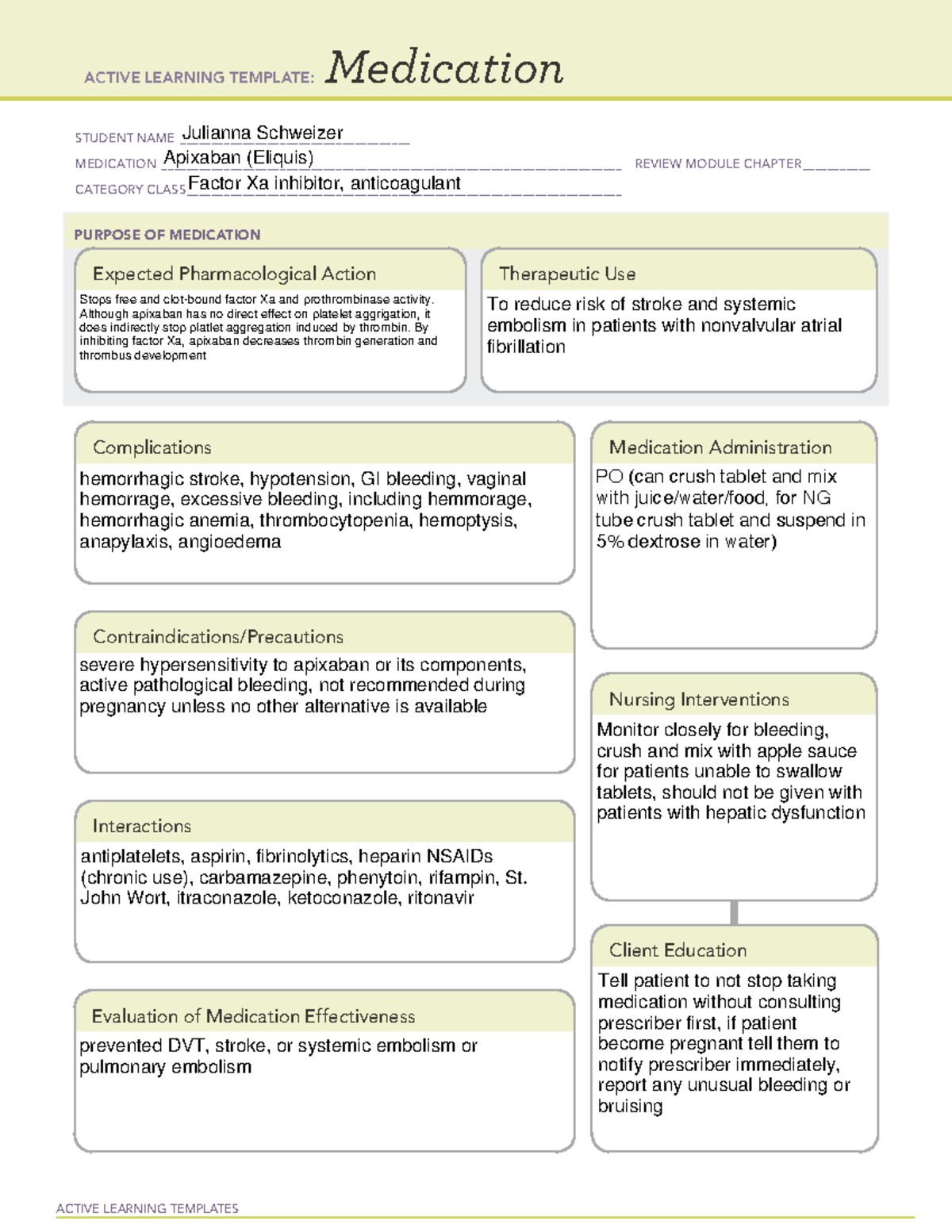 ACTIVE LEARNING TEMPLATE: Apixaban (Eliquis) Review Module for Xa ...
