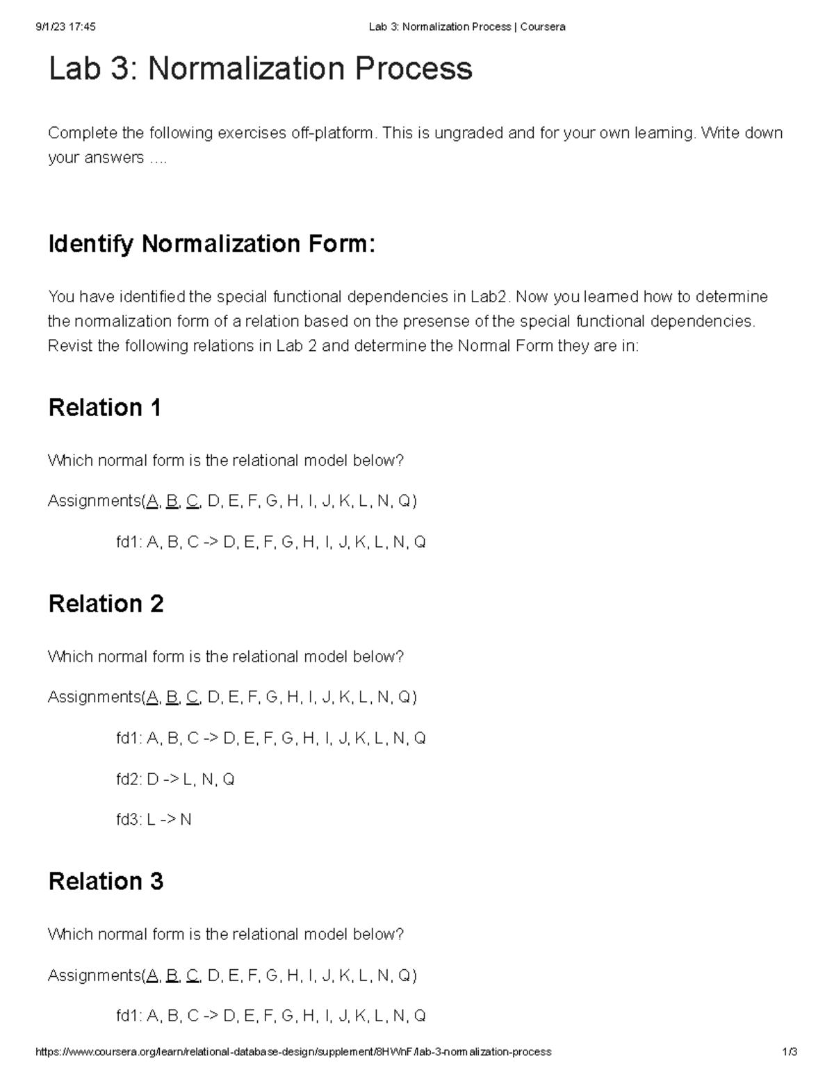 Week 3 - Lab 3 Normalization Process - 9/1/23 17:45 Lab 3 ...